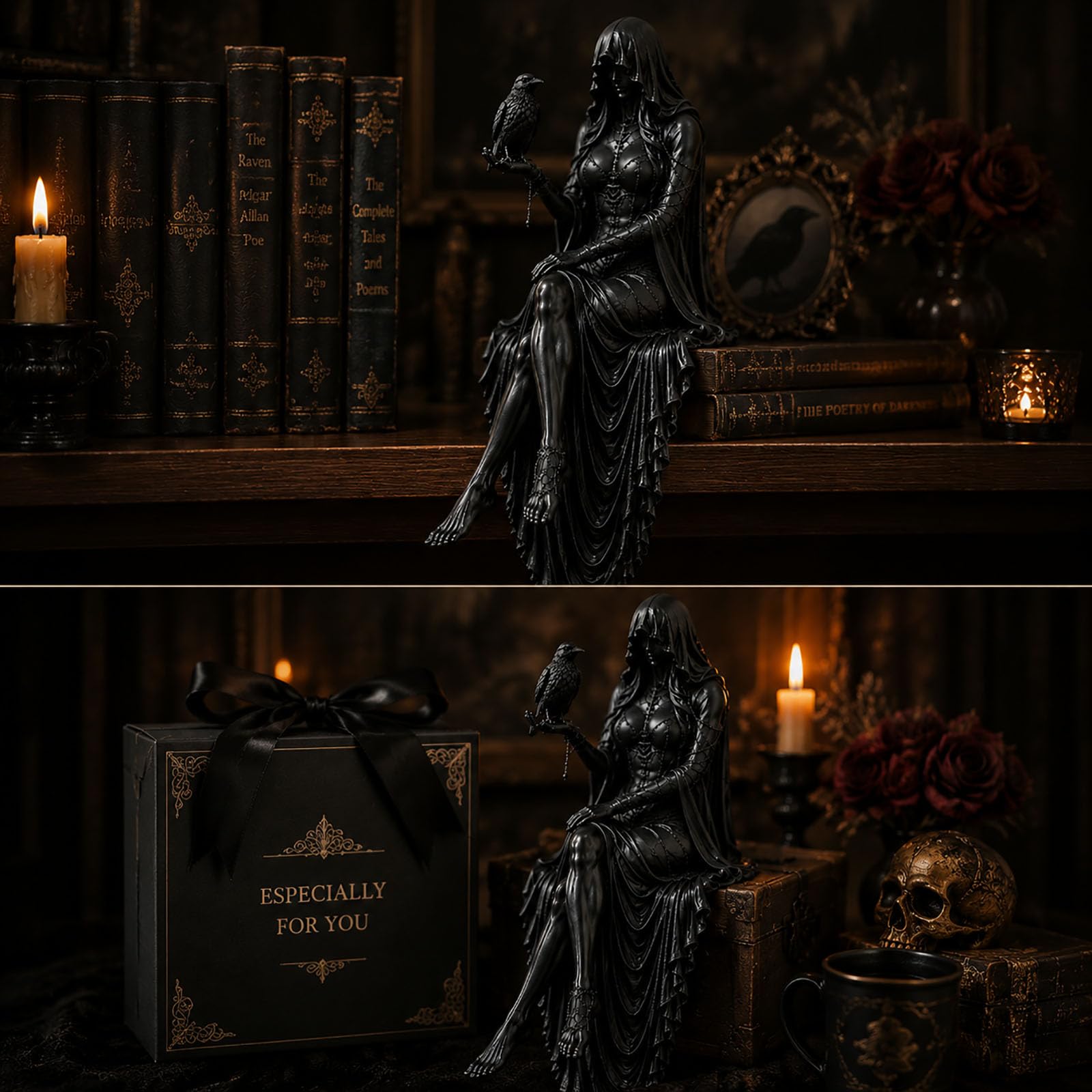 Estatua gótica de niñera de cuervo, estatua gótica de dama oscura con capucha, bruja sosteniendo cuervo, decoraciones de Halloween, figura de mujer sentada, para amantes de la academia oscura (AA#)
