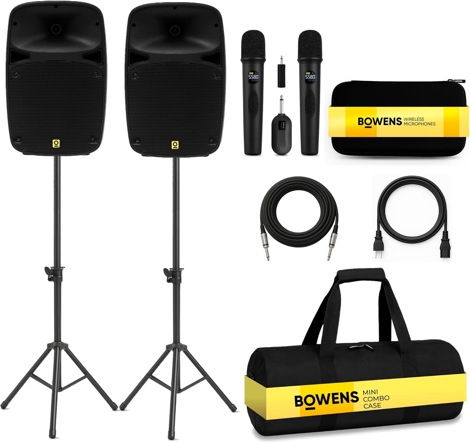 Bowens Dual 8 Inch 400W PA System – Portable Speakers with Bluetooth, USB/SD, LCD & Remote – DJ Sound System with Wireless Karaoke Microphone for Singing/Microfono & Stands