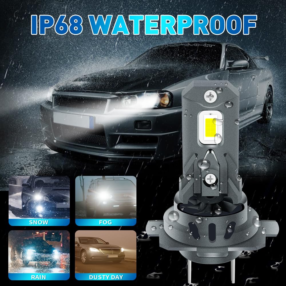 Ampoule H7 LED 180W 20000LM 6000K Xenon Blanc 1:1 Mini Taille Ampoule de Phare Extérieur de Voiture Canbus Sans Erreur avec Ventilateur Super Lumineux IP68 Etanche à l'eau Plug and Play 12V 2Pcs