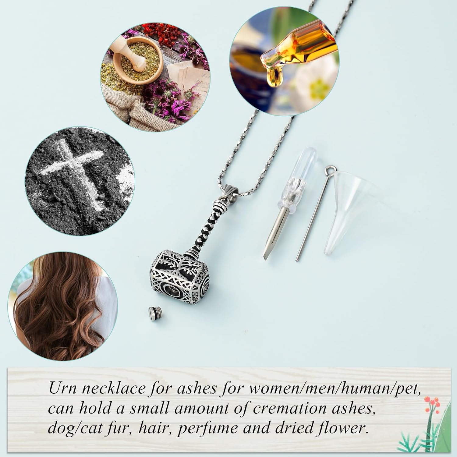 Imrsanl Viking Thor's Hammer Urn Necklace for Ashes Tree of Life Cremation Jewelry Ashes Holder Keepsake Human Memorial Pendant for Women Men - Image 3