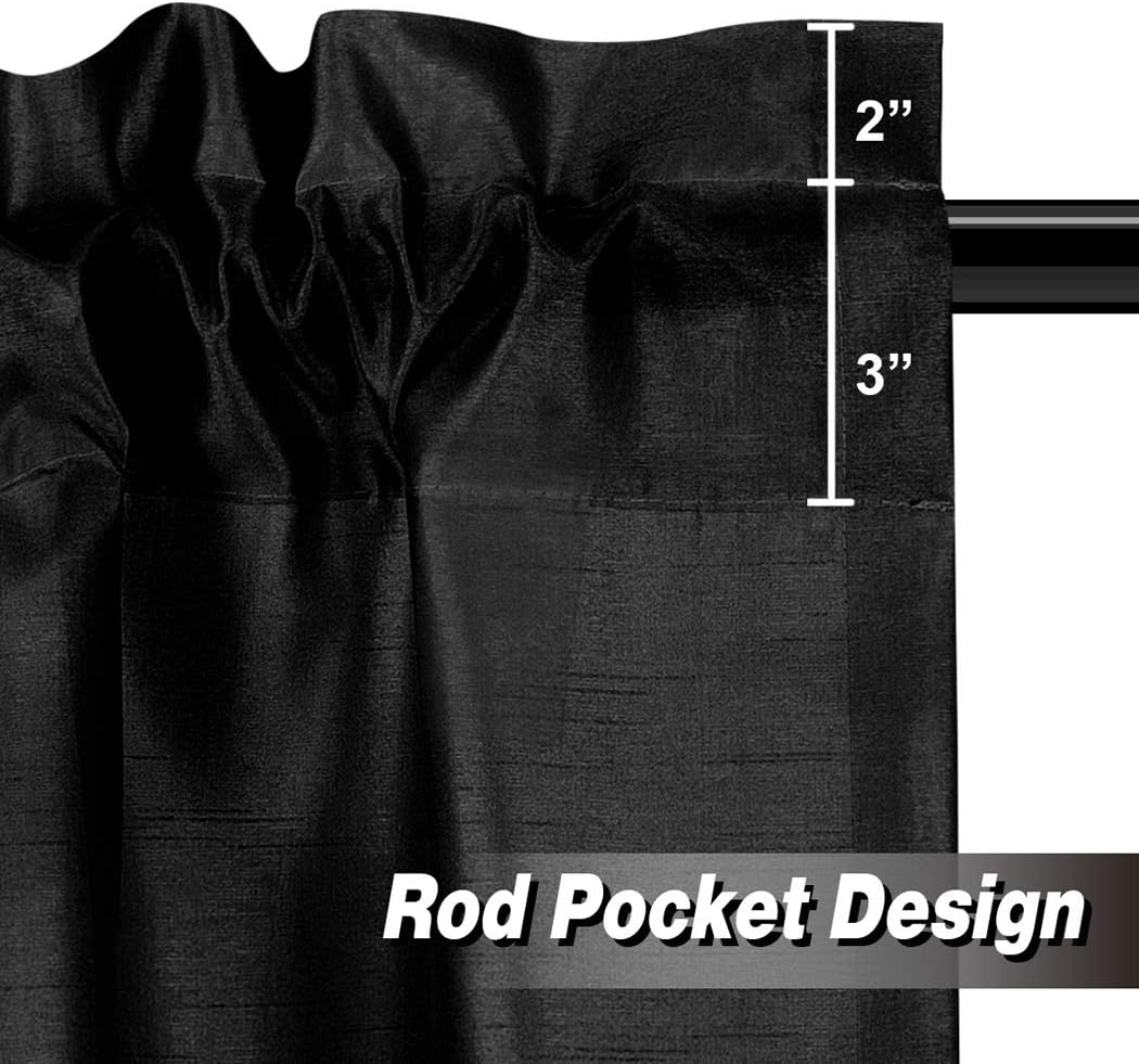 Valea Home Faux Silk Solid Rod Pocket Tier Curtains for Small Window Light Filtering Short Curtains Drape for Living Room, 2 Panels, 36 X 45 Inch per Panel, Black