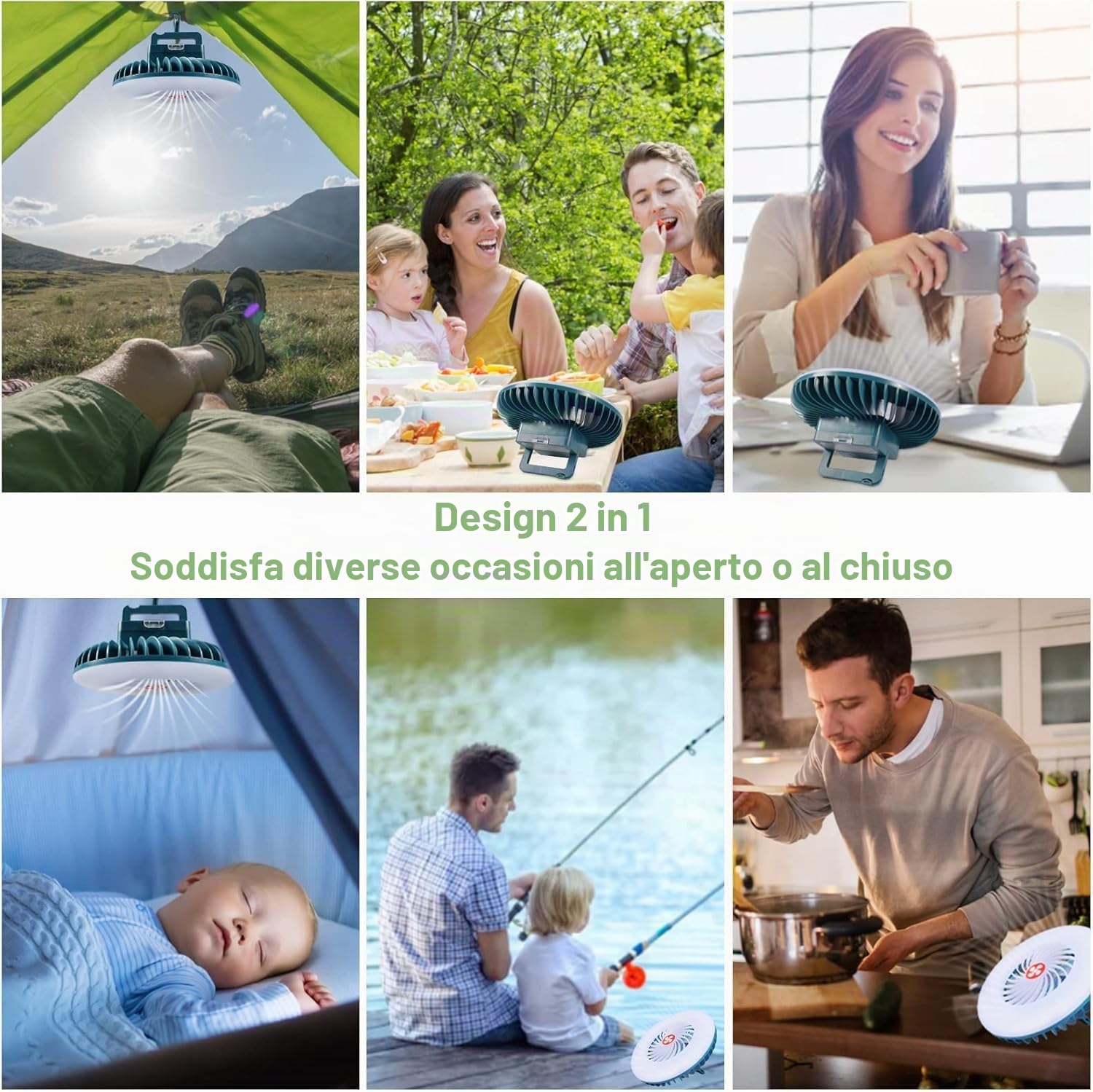 Funmo Ventilatore da campeggio a LED, lampada a LED portatile 2 in 1 con ventilatore da soffitto, lanterna da campeggio ricaricabile USB per esterno, ufficio, griglia