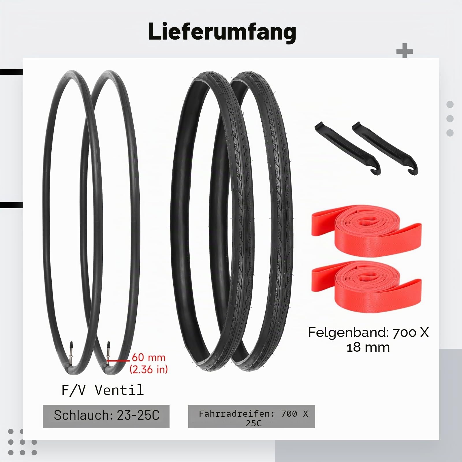 yeesport 700 x 25c Rennrad-Reifen, 2 Stück, faltbare 700 x 25c Reifen & 700 x 25c-28c Fahrradschläuche, Presta-Ventil, 48 mm, Reifenersatz mit Felgenstreifen für städtische ländliche Asphaltbeton