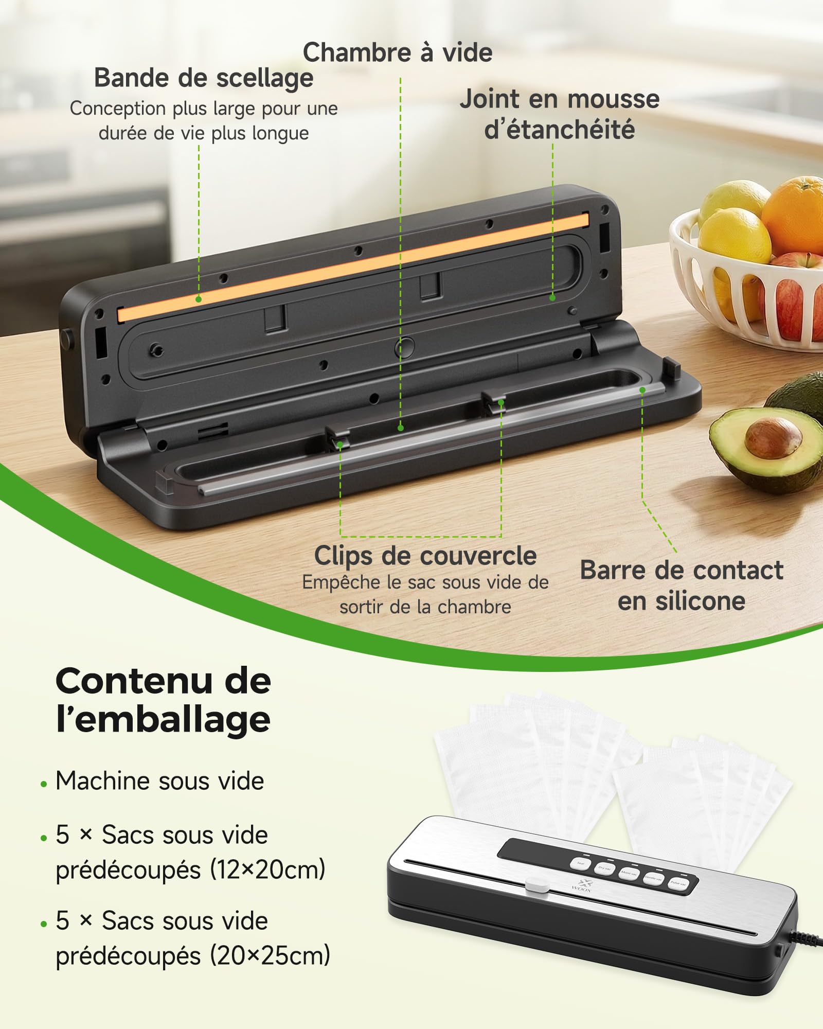WOOX Machine sous Vide Alimentaire, Appareil de Mise sous Vide Compact pour la Cuisine, Modes Sec et Humide pour une Conservation Optimale, Avec 10 Sacs et Coupe-sac Intégré
