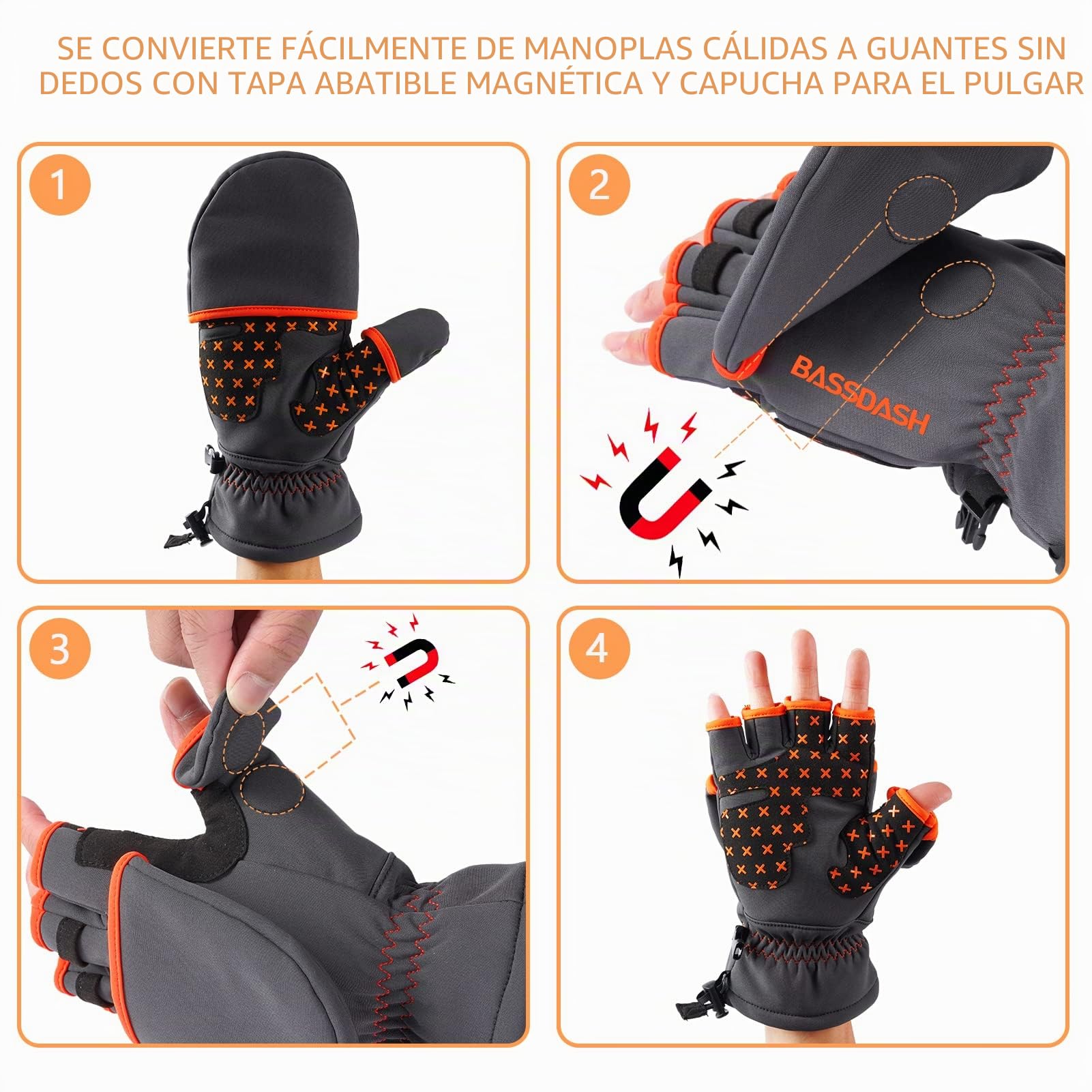 Bassdash WinteFlex Guantes de Invierno Manoplas Convertibles para Pesca en Hielo para Clima frío sin Dedos Resistentes al Agua para Hombres Mujeres Caza fotografía Senderismo