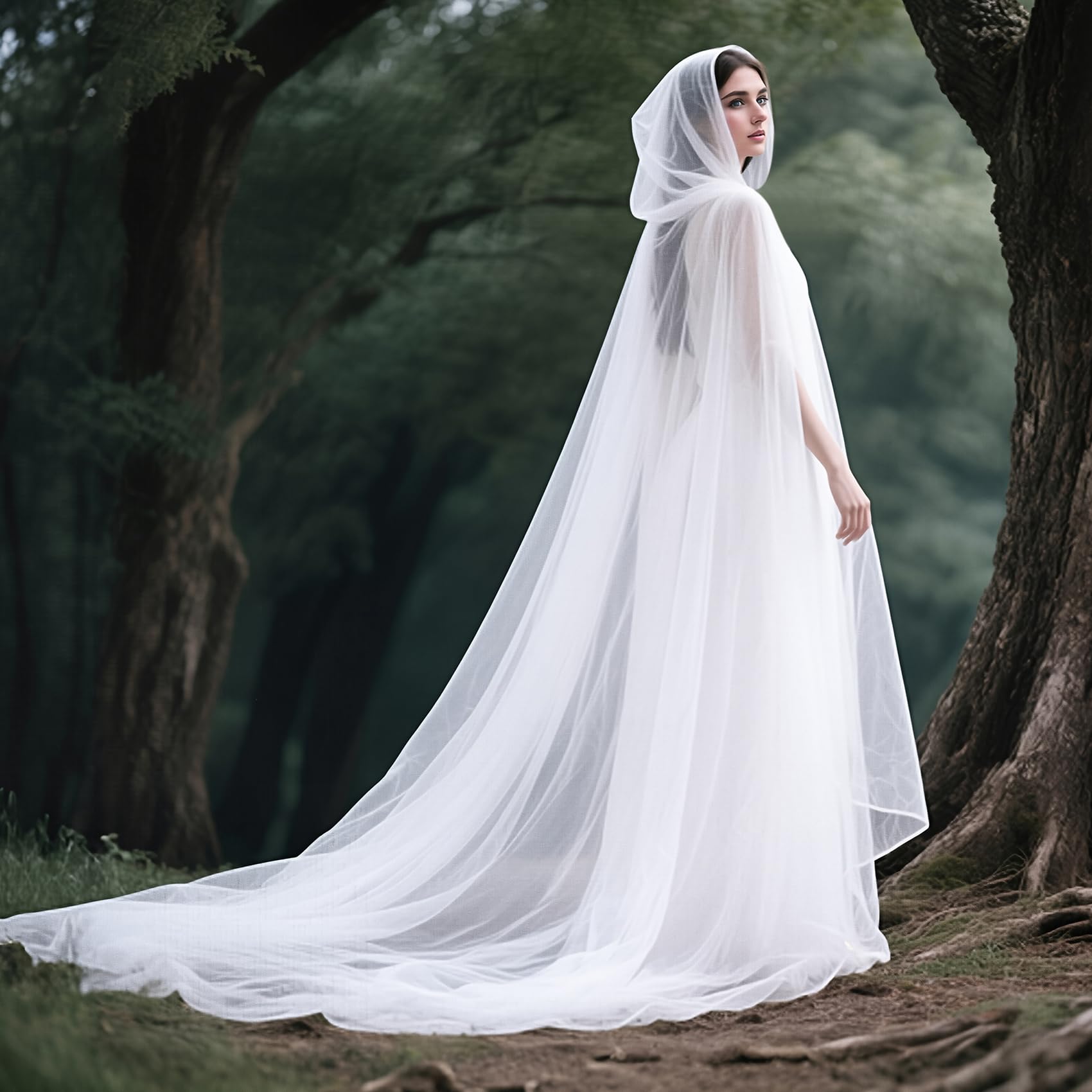 keland Tüll Umhang mit Kapuze Tüllumhang mit Schleppe für Halloween & Hochzeiten (Weiß)