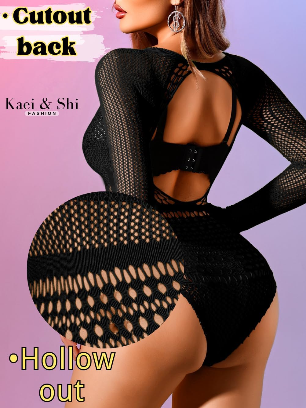 Kaei&Shi Sexy Hollow Rave Outfits, Fishnet Bodysuit Fits 0-18, Sheer Lace Glow Party Tops, Festival Mesh Plus Size For Women - Image 3