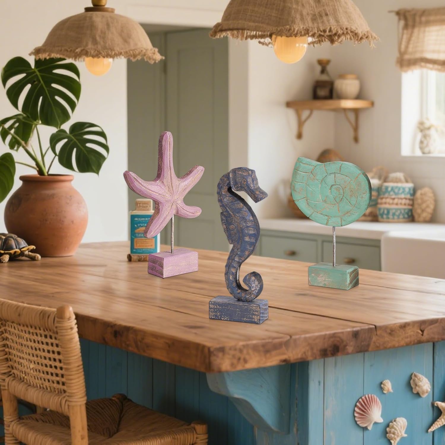 3pcs Wood Handmade Beach Nautical Style Figurines Starfish/Conch/Seahorse Statue Home Decor (Multicolor)