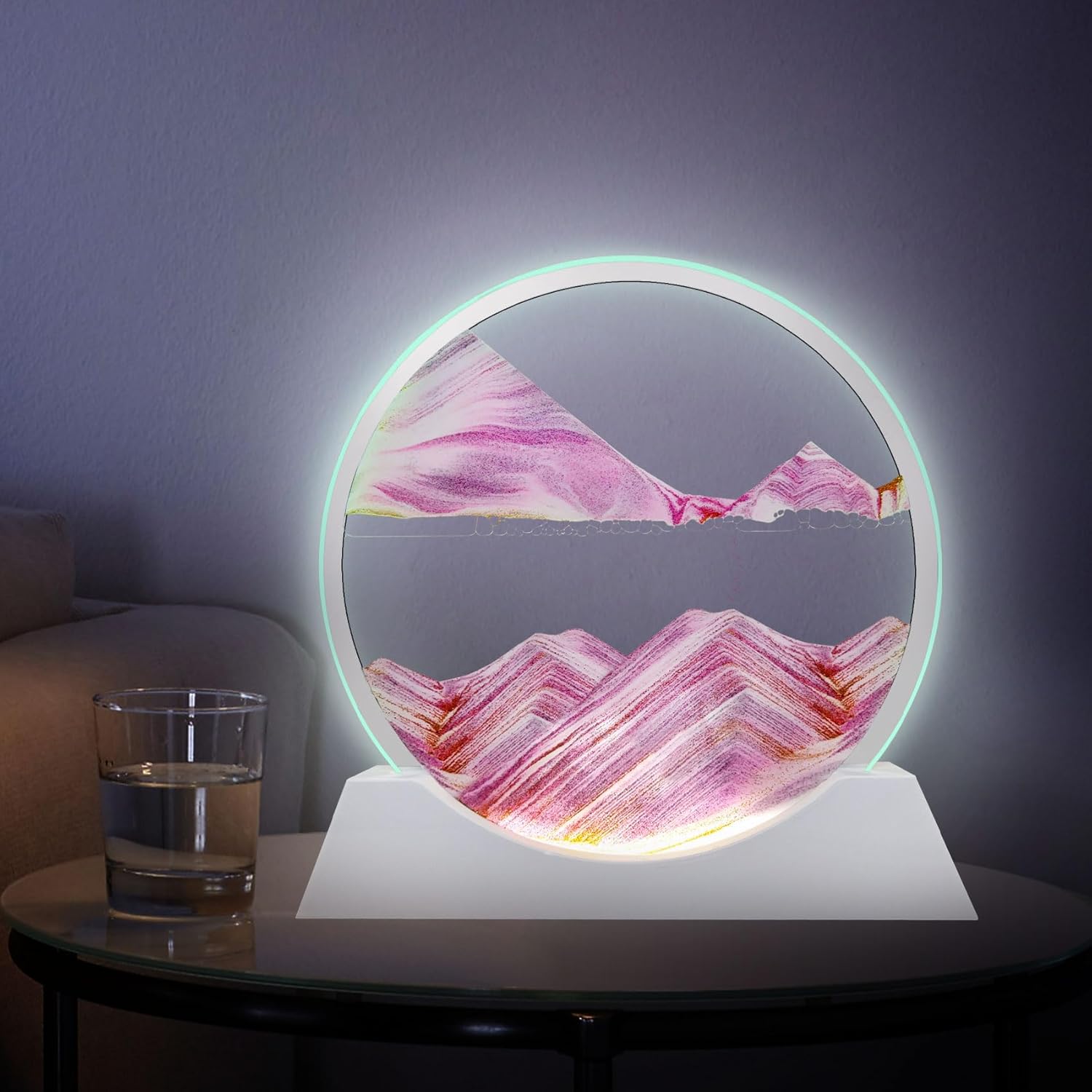 Aoderun 7" Moving Sand Art Liquid Motion with Light 3 Color Changing Moving Sand Art Picture Round Glass 3D Deep Sea Sand Art Sandscapes for Adult Relaxing Toys Desktop Home Office(Pink)