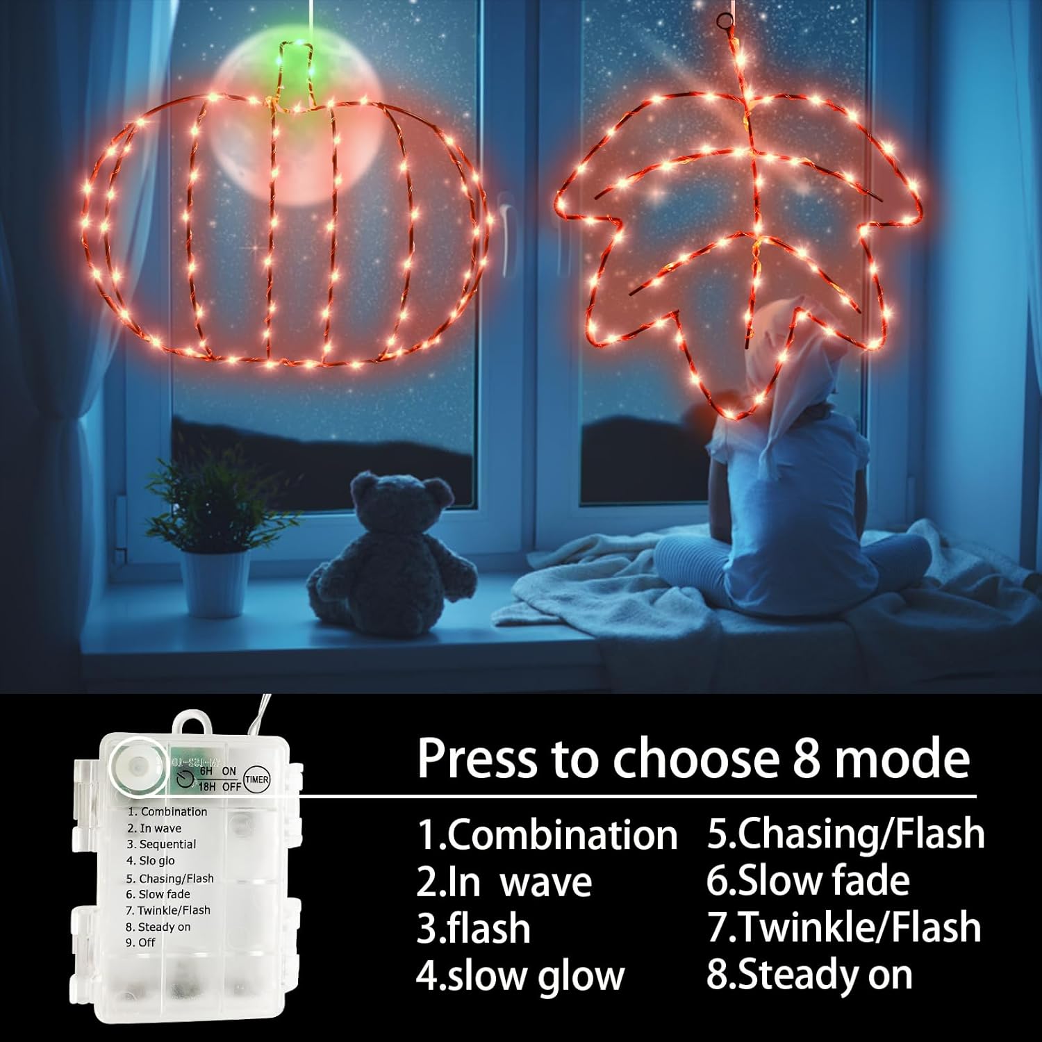 Fall Thanksgiving Window Decorations Lights, 2Pack Light up Pumpkin and Maple Leaf, 8Mode Orange and Green Lights with Timer, Autumn Fall Farmhouse for Home Wall Decor, Room, Bedroom - Image 4