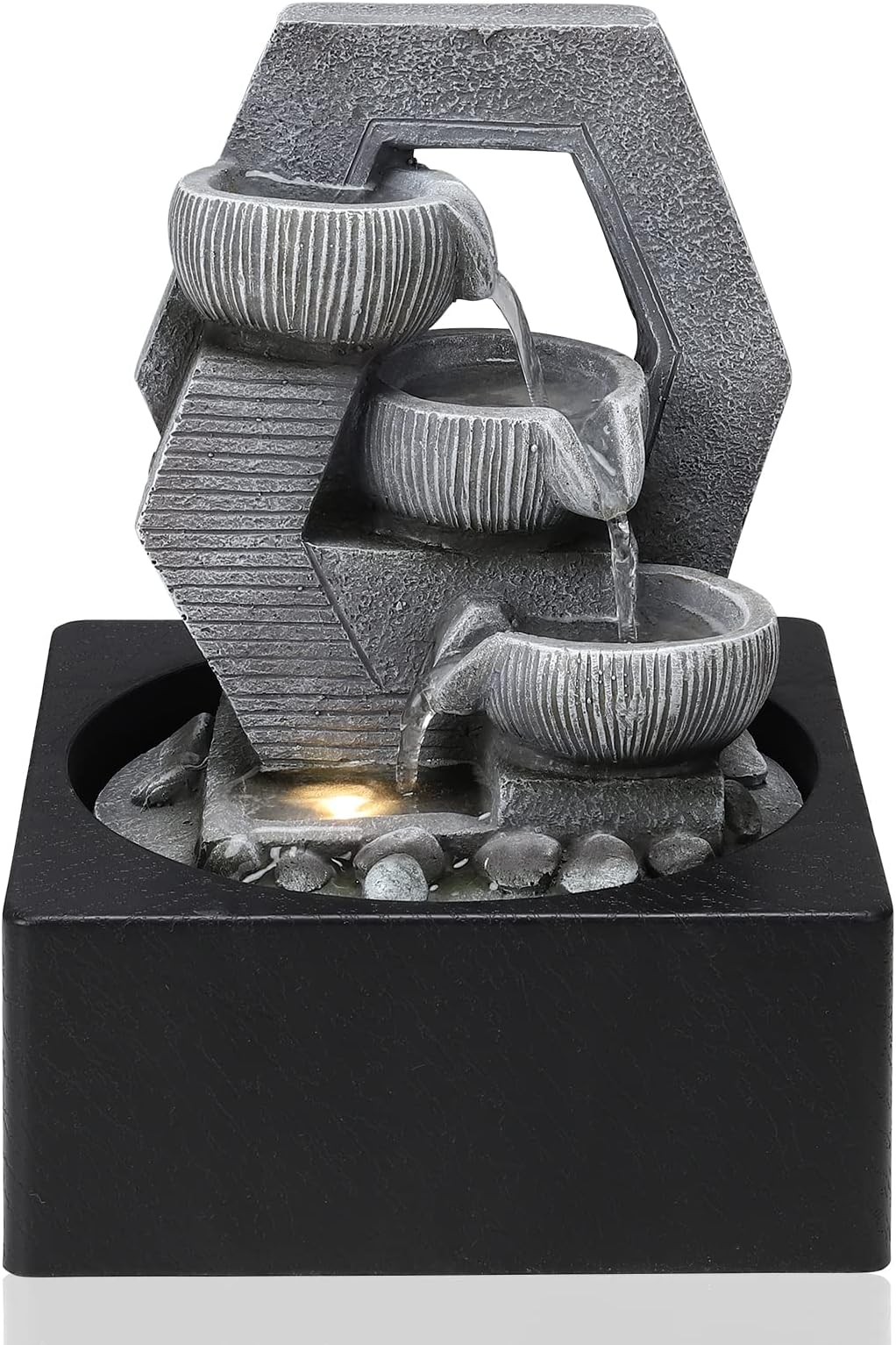 BTGGG Indoor Fountain with LED Light Indoor Water Features 18 * 18 * 24CM Desktop Waterfall Fountain for Meditation Relaxation, 3 Pin UK Plug Included