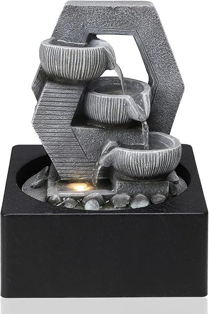 BTGGG Indoor Fountain with LED Light Indoor Water Features 18*18*24CM Desktop Waterfall Fountain for Meditation Relaxation, 3 Pin UK Plug Included