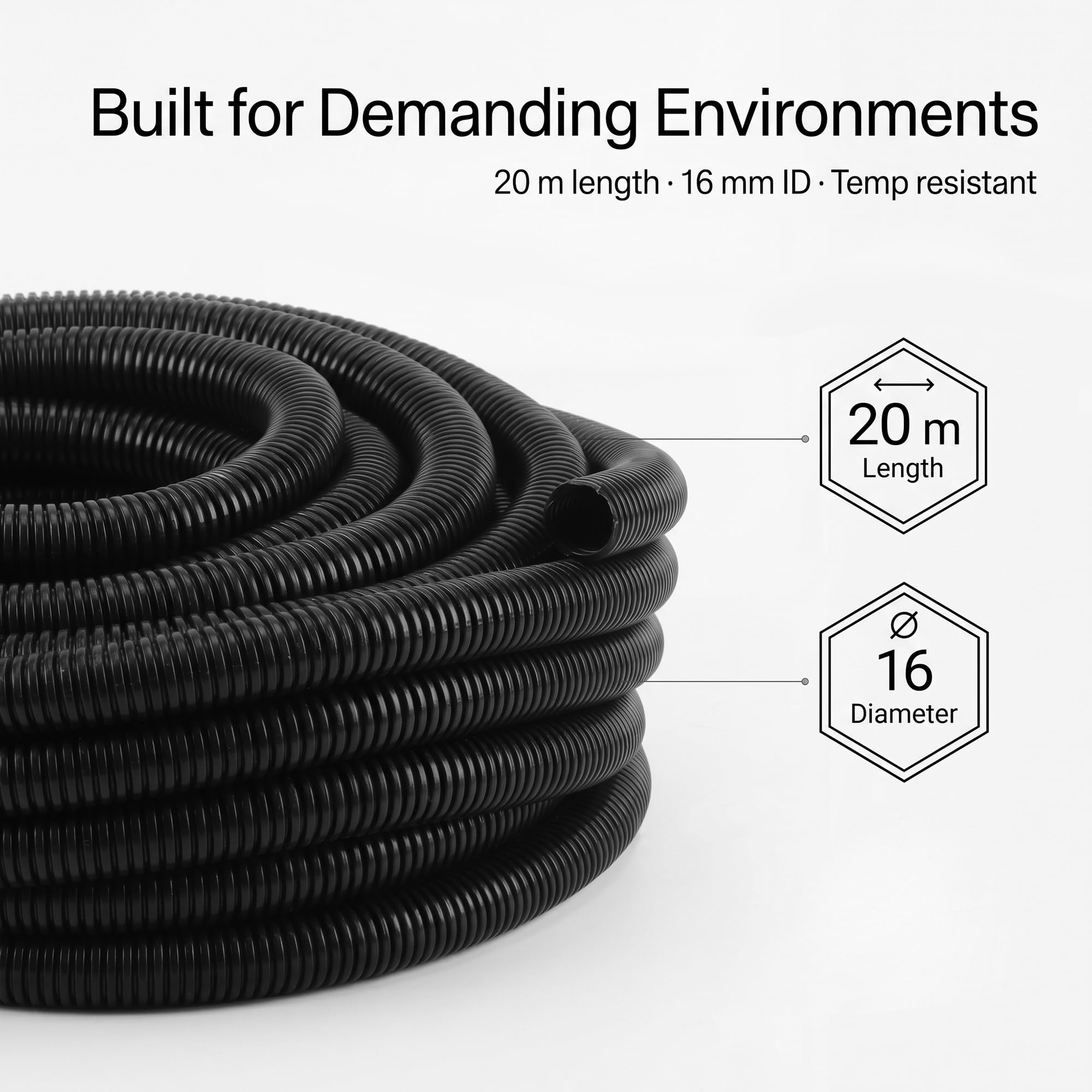 FUNSUEI Tubo de conducto flexible corrugado negro de 20 m, 16 mm de diámetro interior x 20 mm de diámetro exterior, para proteger cables eléctricos