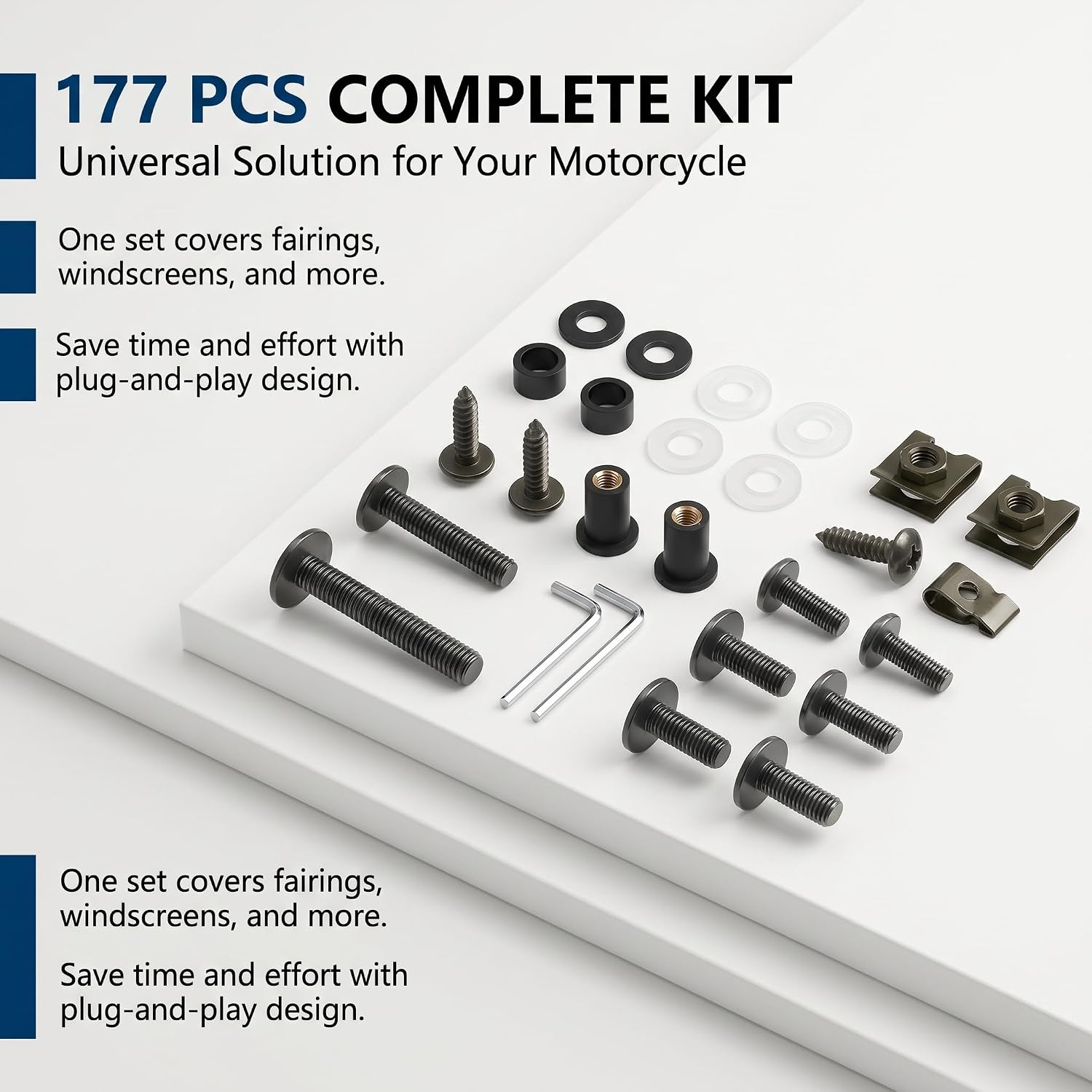 177 PCS Motorcycle Fairing Bolt Kit, M5 M6 Windscreen & Body Panel Fastener, Alloy Steel Anti-Rust Screws & Nuts Assortment with Wrench, Mounting Hardware for Most Motorcycles (Black)