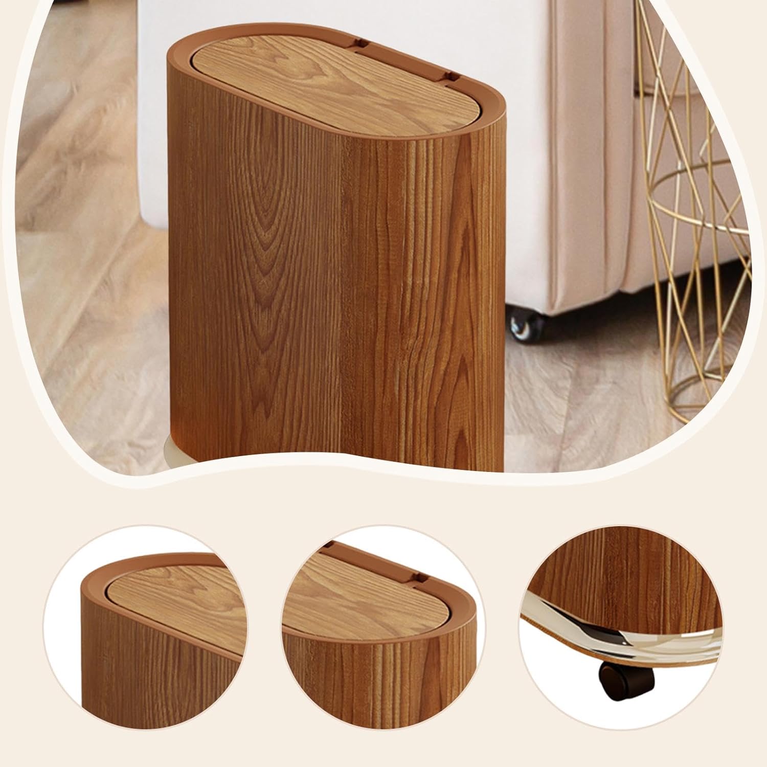 Fenteer Trash Bin with Removable Wheels Trash Can, Practical Narrow Space Saving Waste Bin, Garbage Can for Living Room Kitchen, Brown