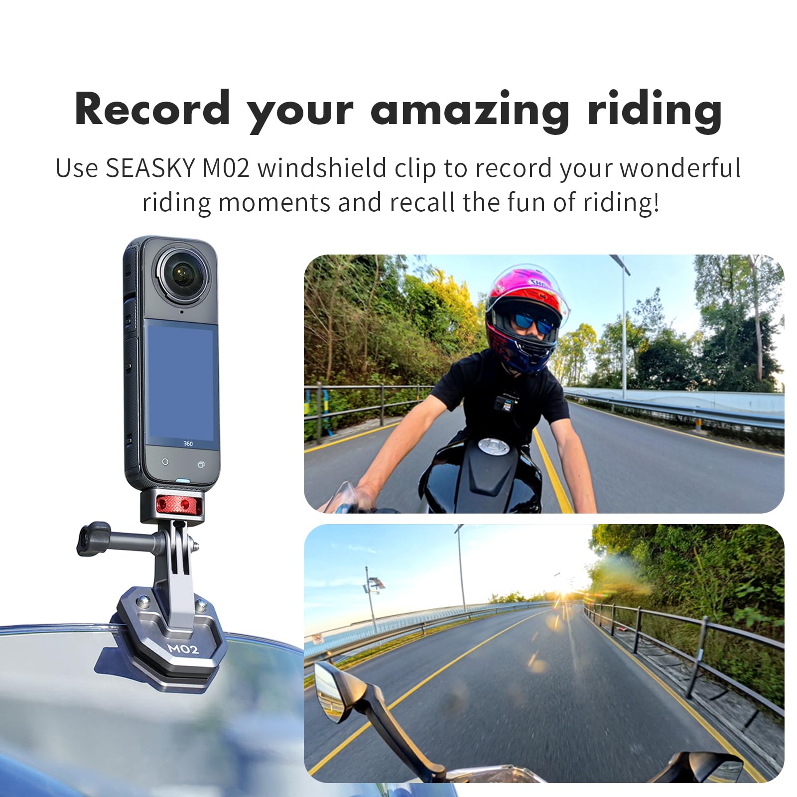 SEASKY M02 Halterung für Windschutzscheibe aus Aluminium für Motorrad, Zubehör für GoPro Hero 13 12 11 10 9 8 7 für DJI Action 5 4 3 2 für Insta360 X5 X4 X3 X2 X RS Sportkamera