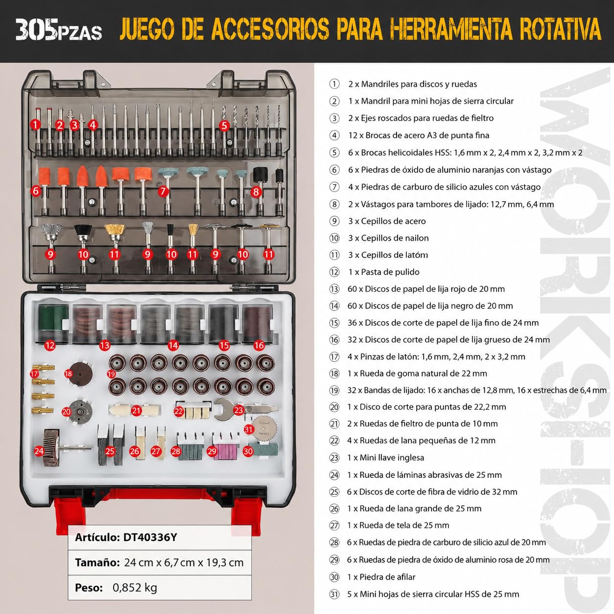 Hi-Spec Set de 305 Accesorios para Herramienta Rotativa. Compatible con portabrocas de 3.2mm. Lija, corta, pule, perfora y más. En un práctico estuche portátil