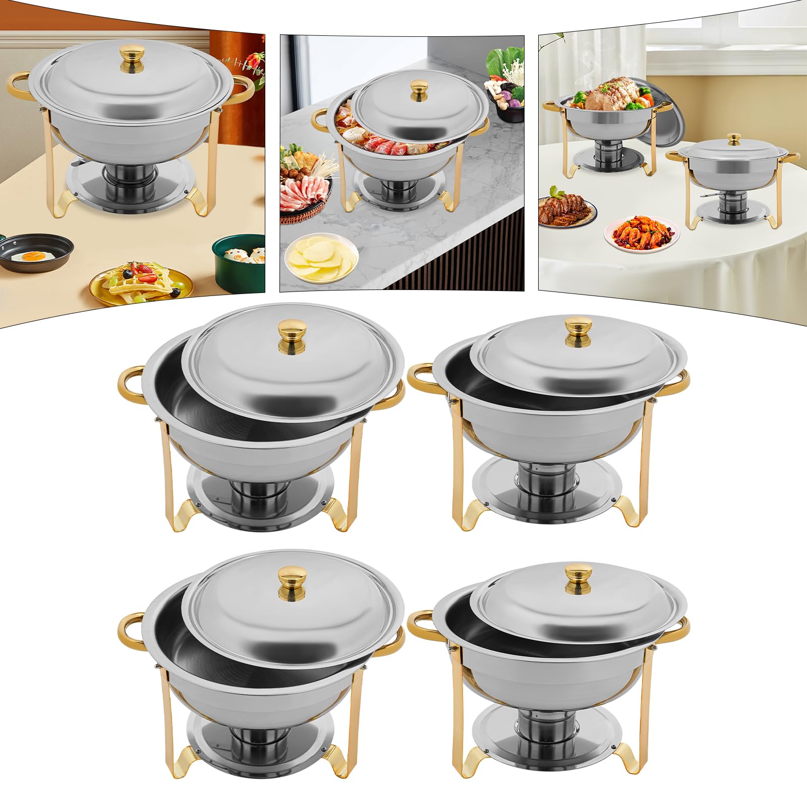 Chafing Dish Buffet, set di 4 scaldavivande da 4,5 l, in acciaio inox, per alimenti, rotondi, per catering, argento e oro, con coperchio, serbatoio dell'acqua e porta combustibile