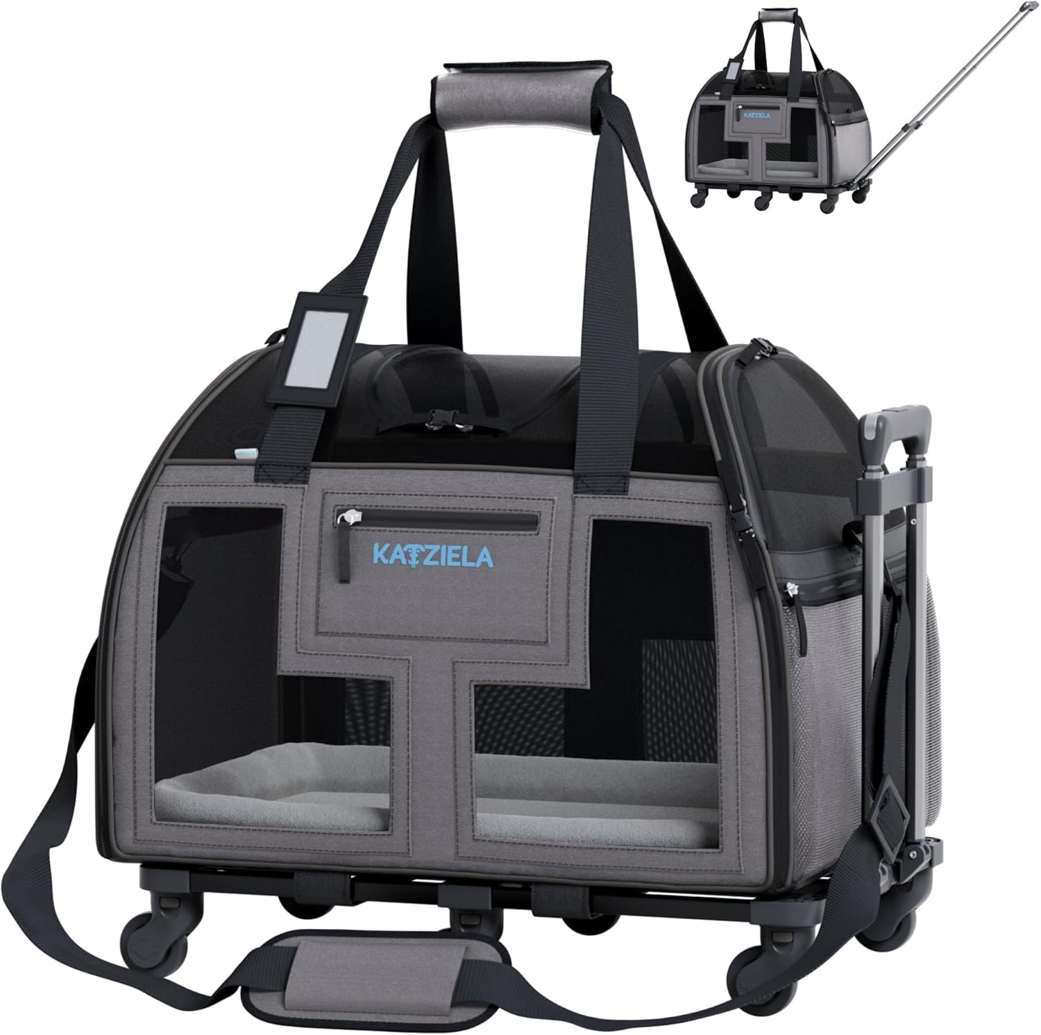Katziela Airline Approved Pet Carrier - Rolling Portable Travel Carry Crate for Small Dog, Puppy or Cat - Soft Removable Wheeled Design with Mesh Window Sides - Airplane and TSA Compliant (Dark Grey)