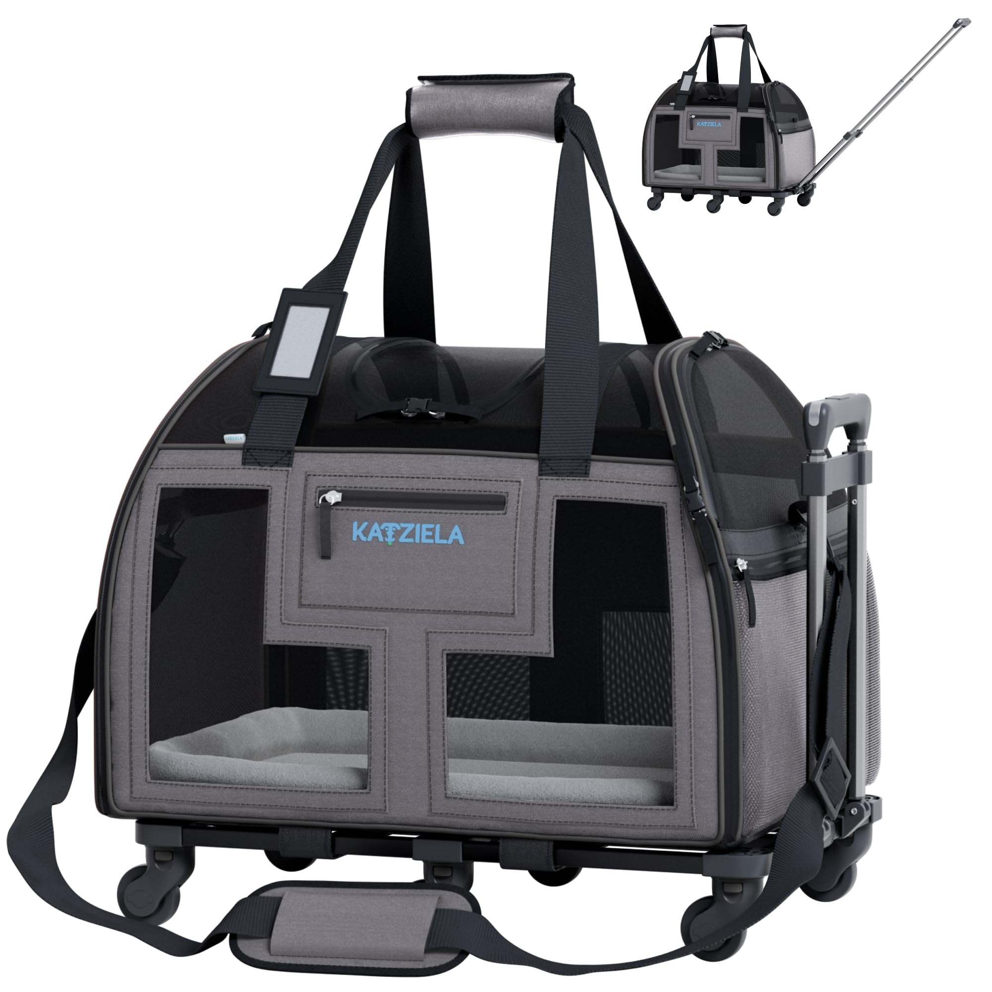 katziela airline approved pet carrier - rolling portable travel carry crate for small dog, puppy or cat - soft removable wheeled design with mesh window sides - airplane and tsa compliant (dark grey)