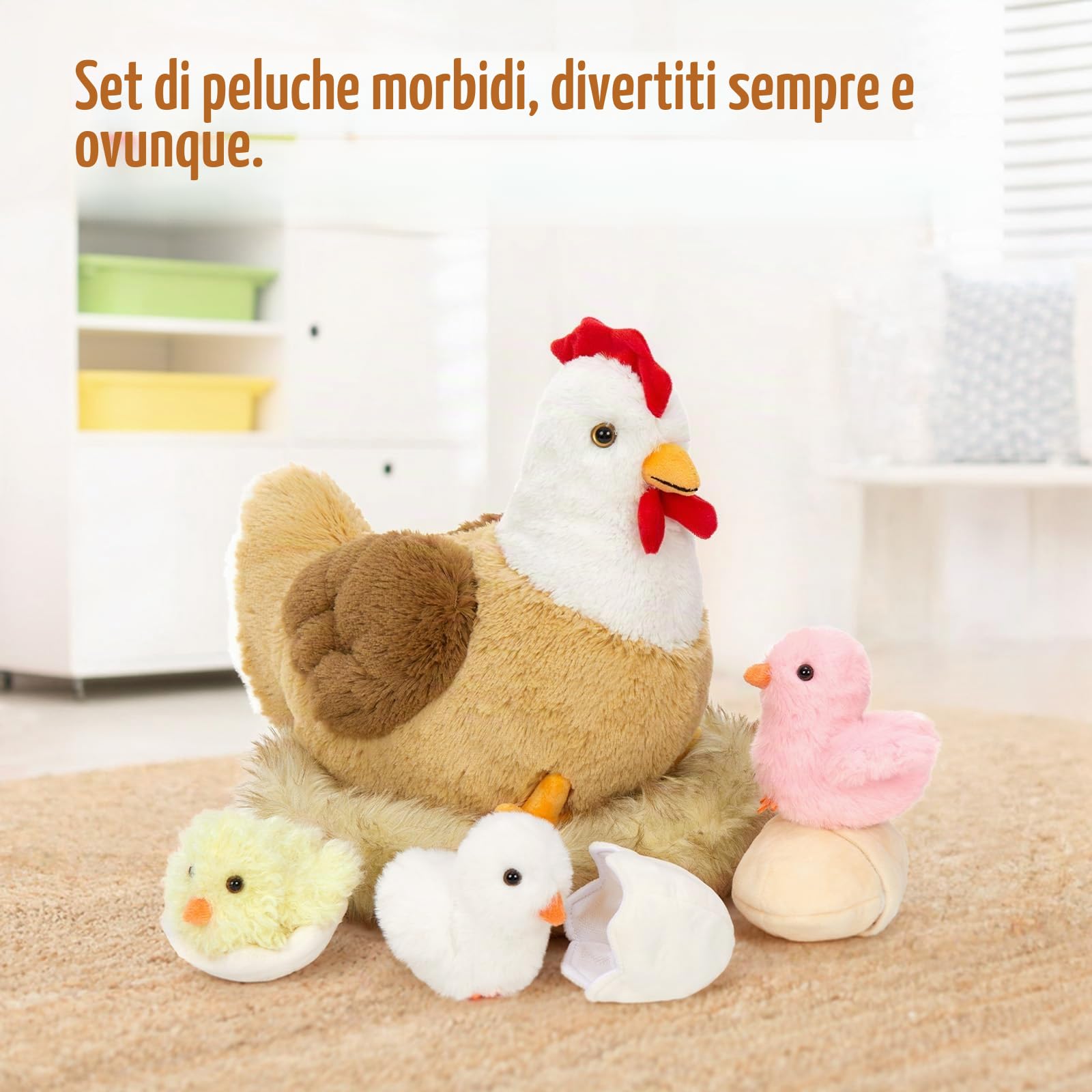 MorisMos Peluche a forma di gallina, 36 cm, con pulcini coccolosi all'interno, peluche a forma di gallina che giace a uova, peluche Kawaii soffice, regalo per bambini, decorazione di compleanno