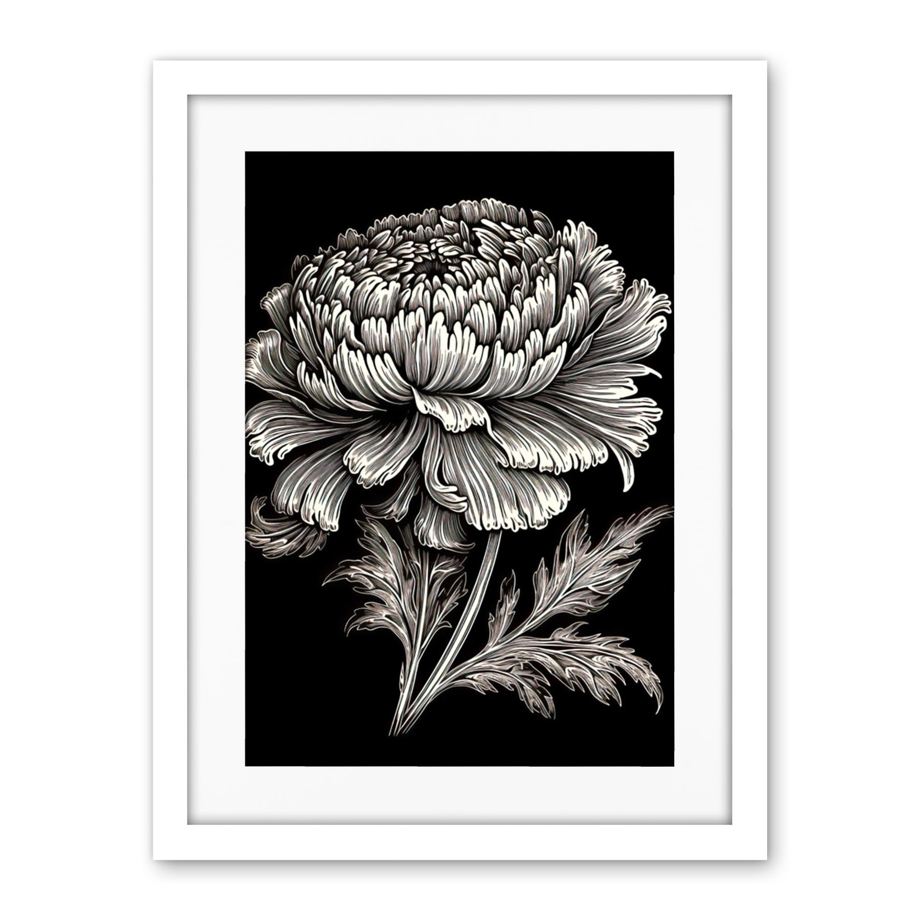 Artery8 A Single Marigold Flower Black and White Linocut Artwork Framed Wall Art Print 18X24 Inch