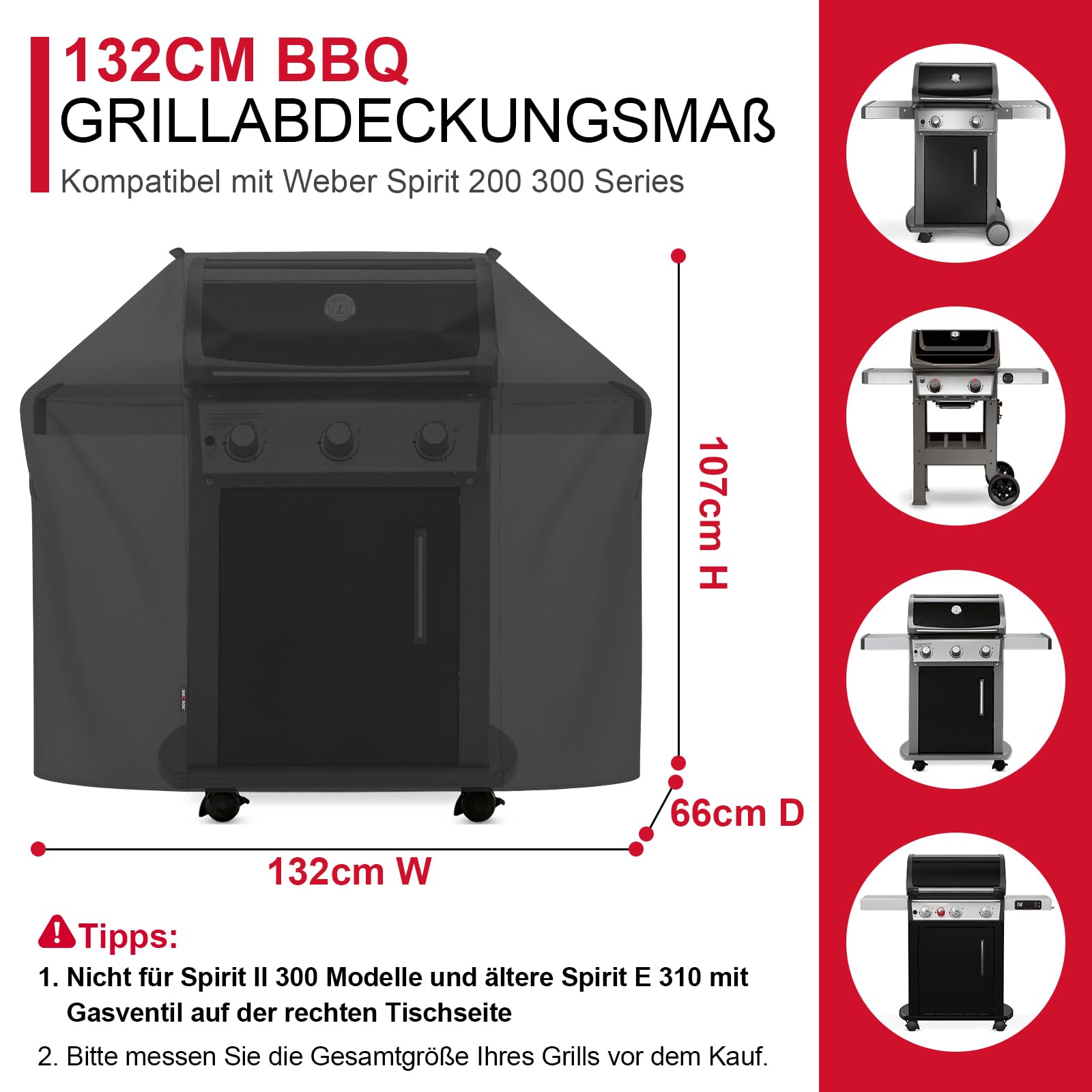 Unicook Grillabdeckung 132 cm - 7106 Grill Abdeckung für Weber Spirit 300, wasserdichte Schutzhülle, Wetterfeste Grillhaube Abdeckplane für E310, E315, E330, 132 x 66 x 108 cm