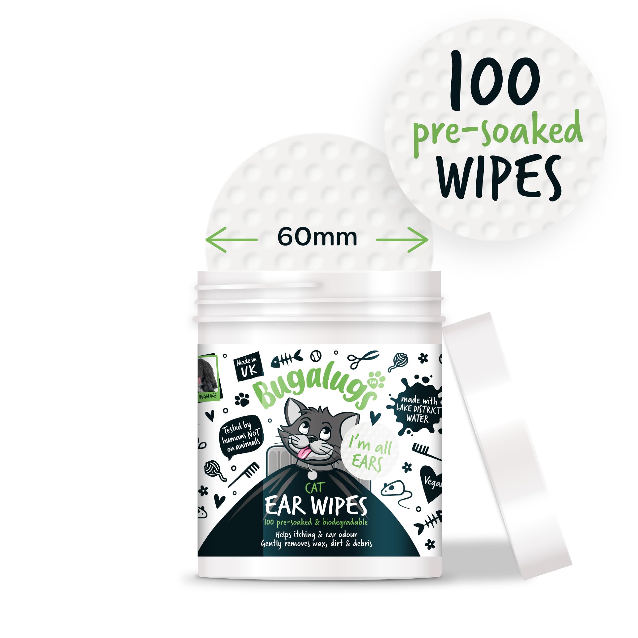 BUGALUGS - Toallitas Calmantes para Limpieza de Oídos de Gatos - 100 Unidades - Aloe Vera & Hamamelis - Control de Cera - Higiene Auricular - Alivio de Picor - Uso Diario - Fórmula Natural y Suave