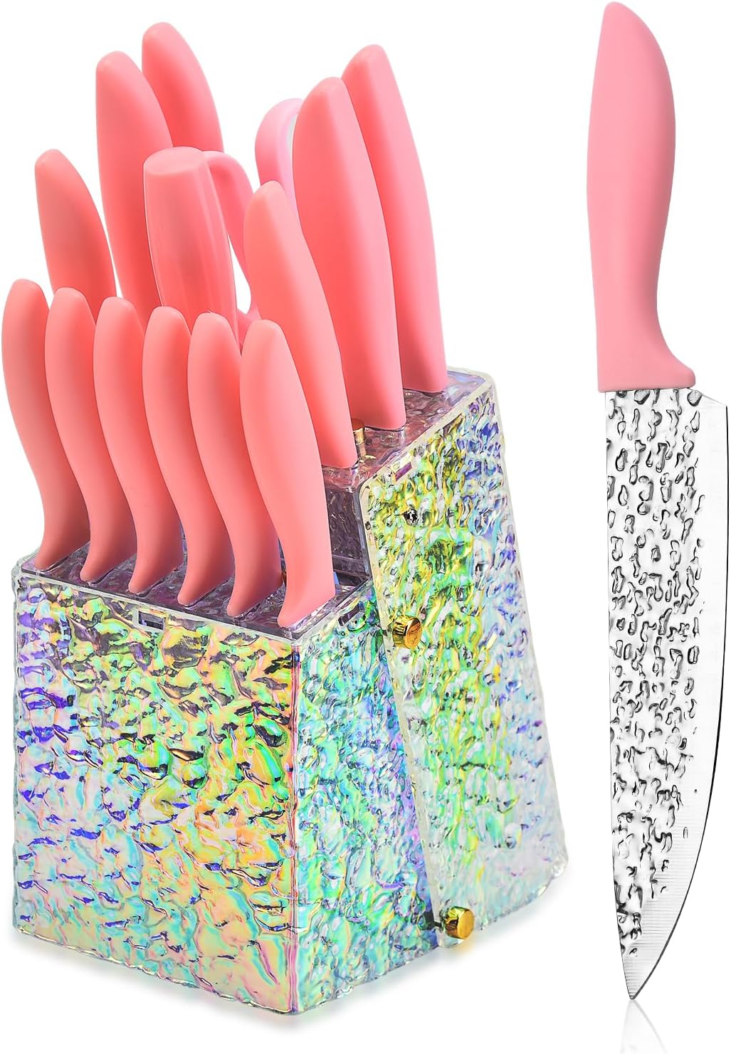 Kitchen Knife Set Non Stick Knives with Storage Serrated Steak Knife, Chef Knife, Bread Knife, Scissors, Sharpener, 15Pcs Sharp Cutlery Block Sets for Home & Pro Use Pink Handle Stainless Steel Blade