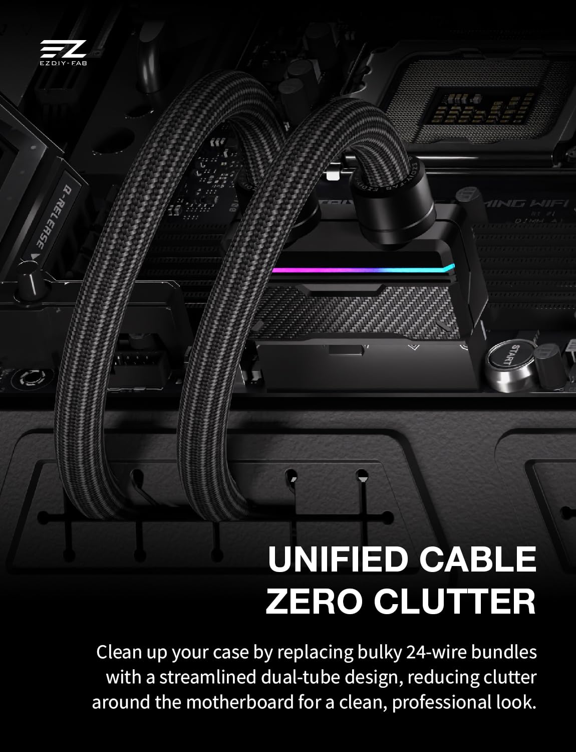 EZDIY-FAB UNIFAS ARGB 24-poliges PC-Netzteil-Verlängerungskabel, 16AWG ATX 24-polige Stromverlängerung, Einheitliches Doppelrohr-Design für Sauberes PC-Kabelmanagement, Schwarz
