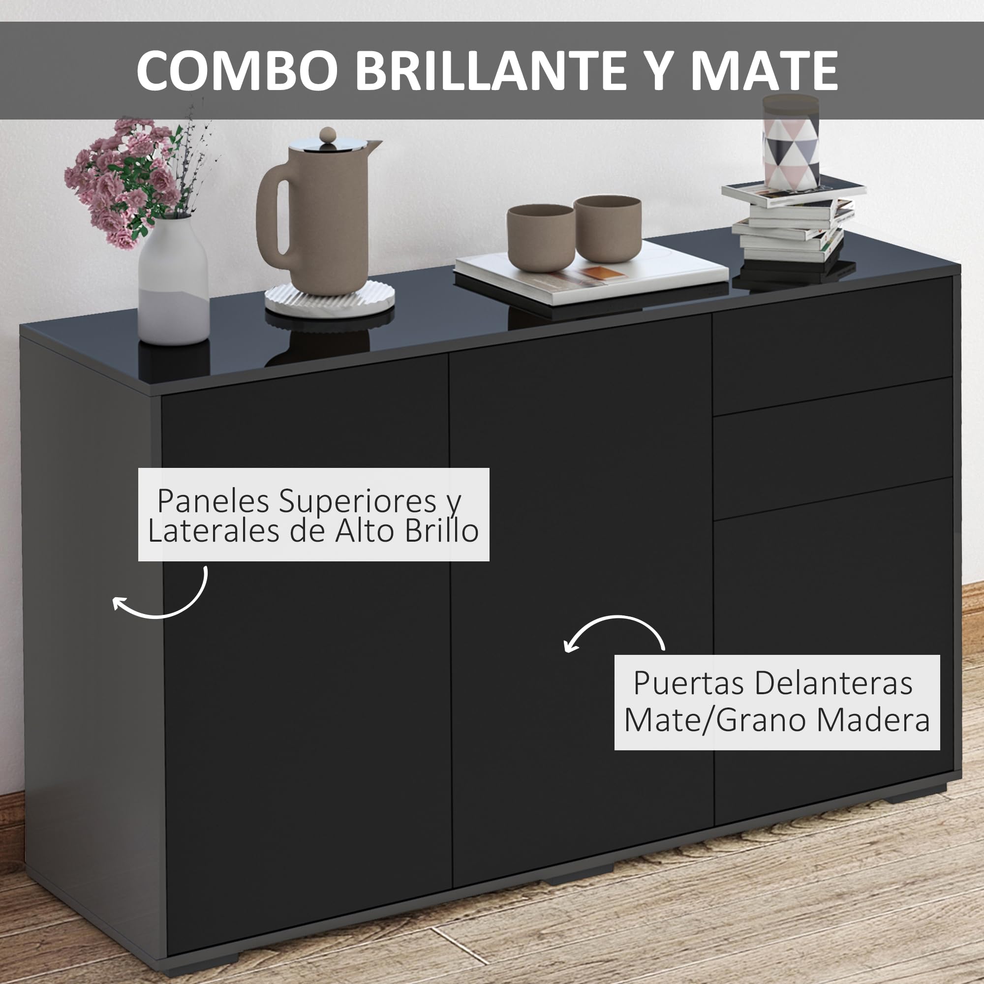 HOMCOM Mobiletto Multiuso Nero con 2 Cassetti e 2 Armadietti ad Apertura a Pressione, 117x36x74cm