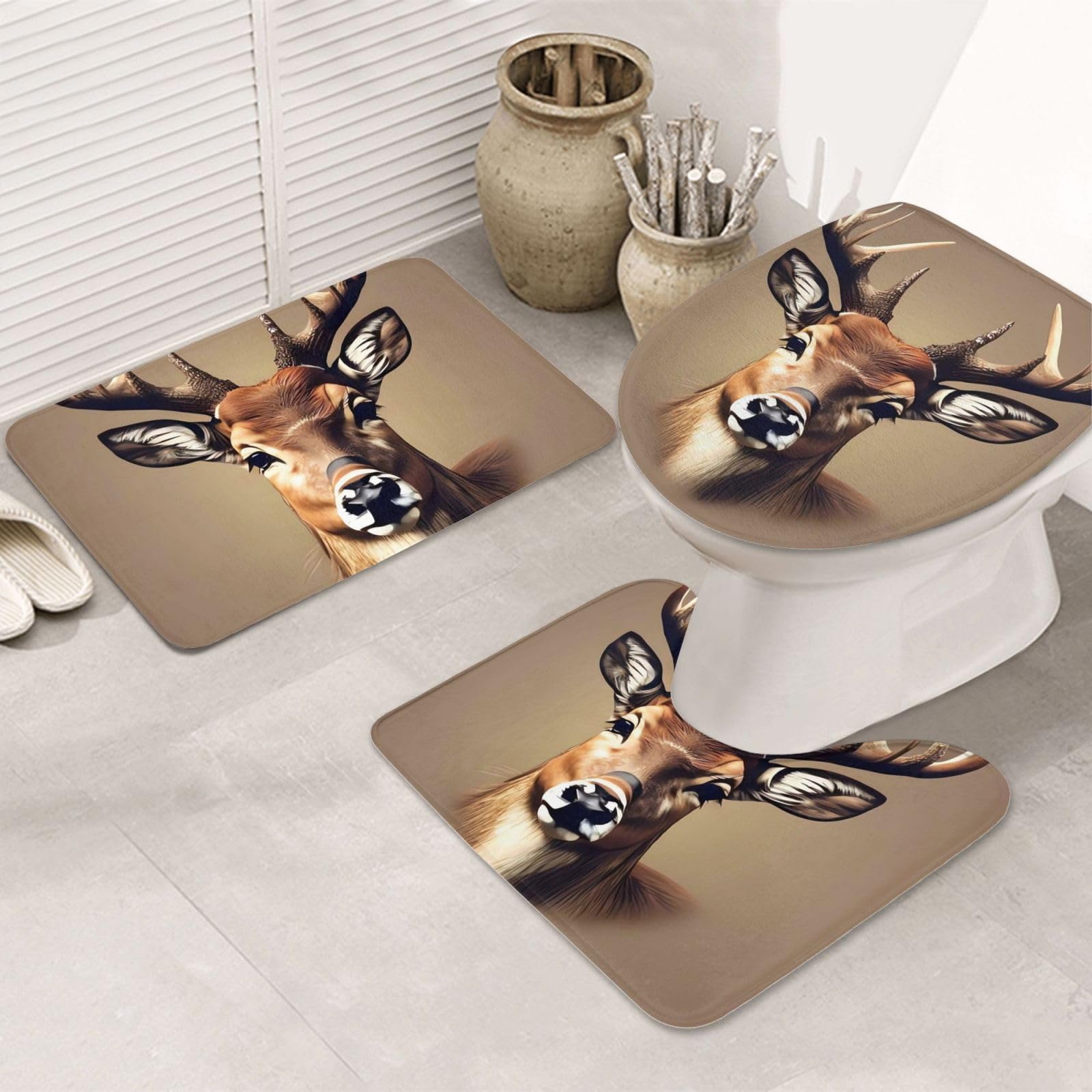 Tapis de salle de bain lot de 3 antidérapants en microfibre avec contour WC motif cerf