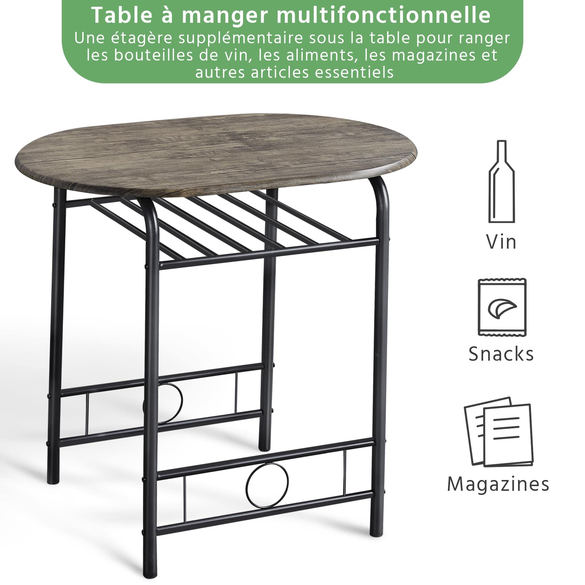 Yaheetech Ensemble de Table à Manger avec 2 Chaises, Ensemble de Meubles 3 pièces de Cuisine avec Porte-Bouteilles, pour Petit Espace, Jardin, Studio Grain de Bois Gris Foncé et Noir