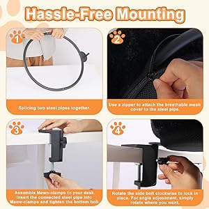 Cat Desk Bed - Ergonomic cat Desk Perch Clamp for Remote Workers - Quality Desktop Suspended Cat's Bed- Rotating Cats Hammock Desk with Removable Cover, Desk Nest Cat Bed Hold UP to 50LBS, Black
