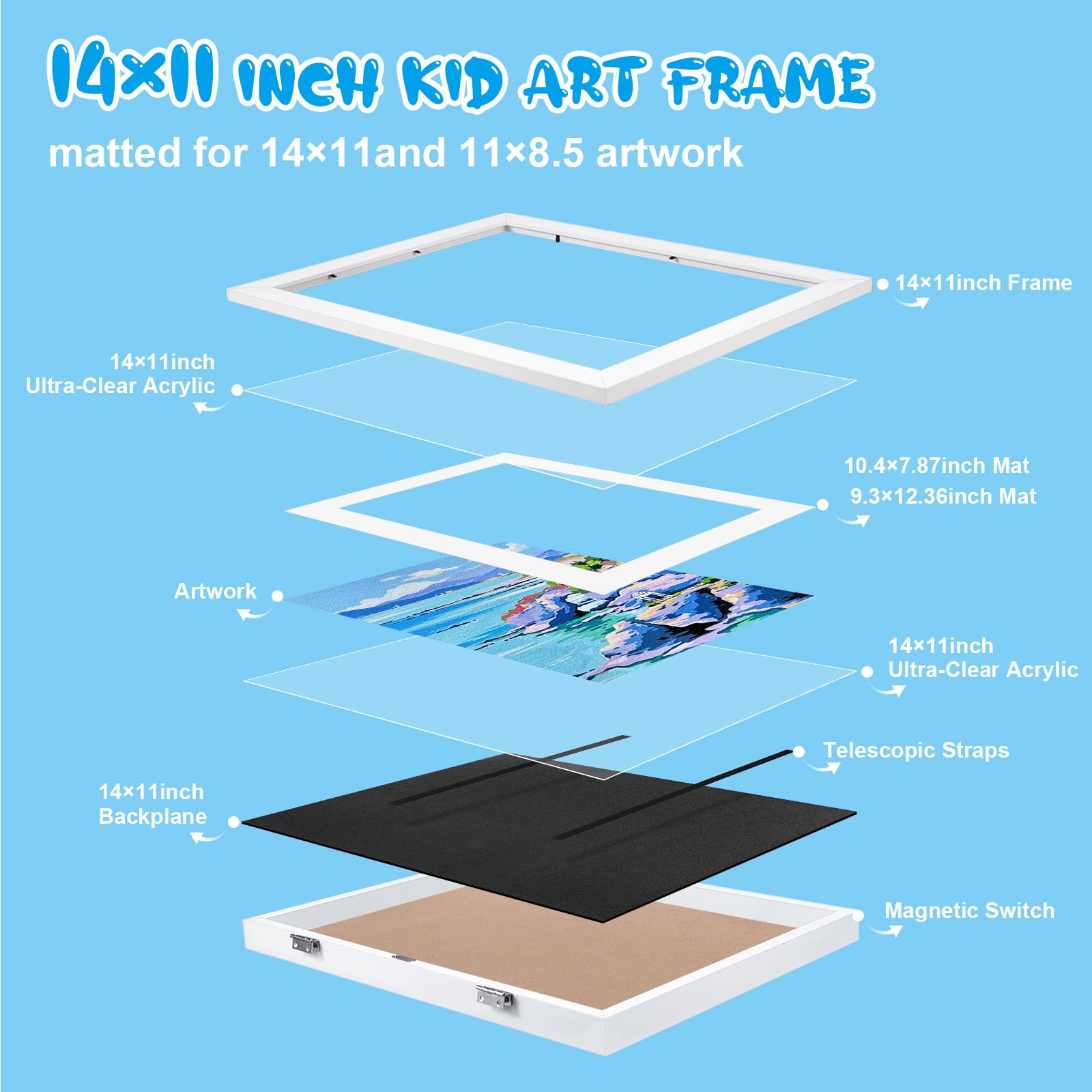 Cinpode 11x14 Kids Art Frames, 2-Pack Front Opening Kids Artwork Frames Changeable, 2 Mats Fit 8.5 x11 and 14 x11, Holds 50-150 Pcs, Picture Frames Kids Room Decor for Kids Drawings, White