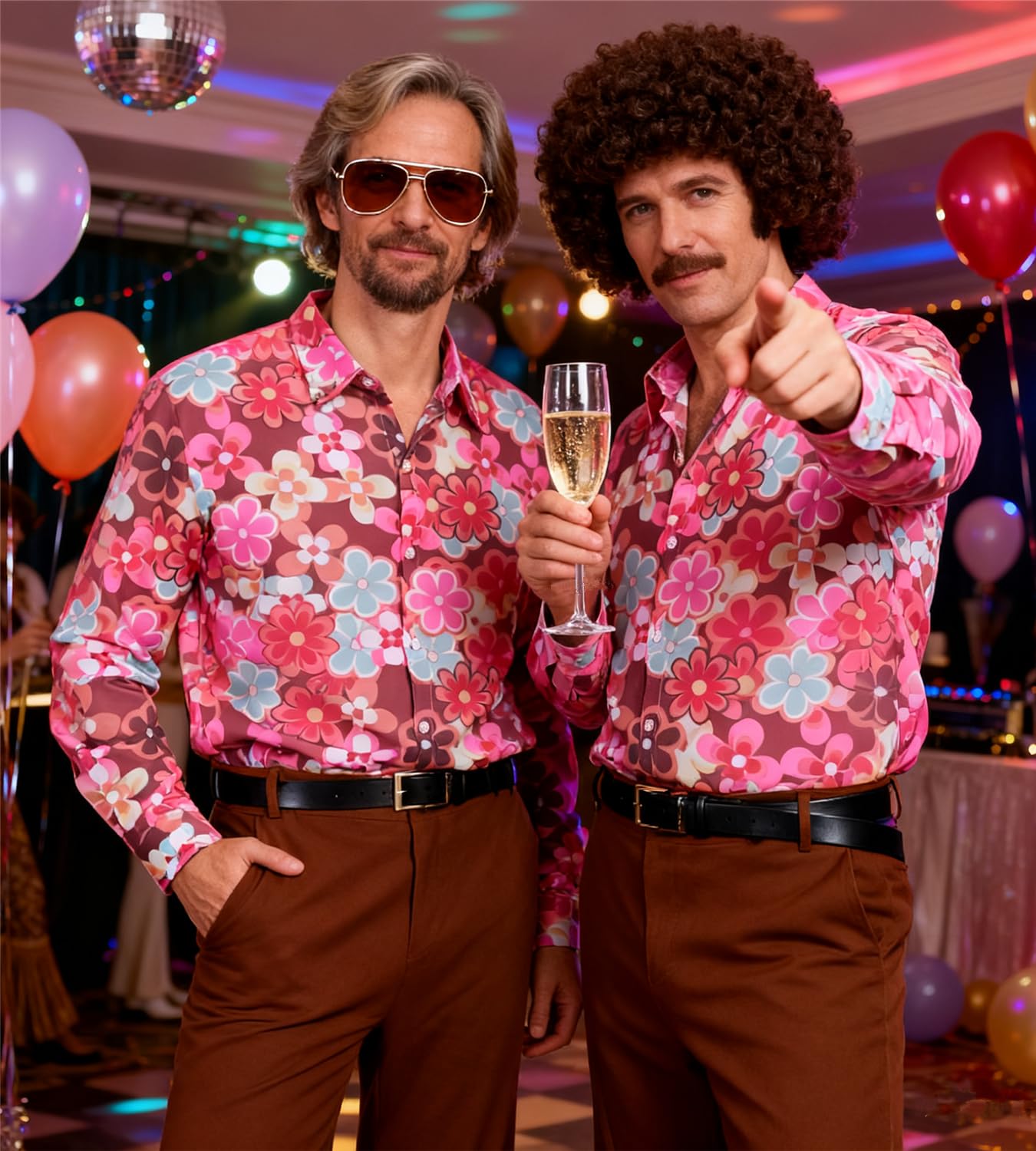 70er Jahre Disco Kostüm Set Hippie Herren Outfit mit Schlaghose Hemd 80s Fasching Bekeidung für 50s 60s 70s Cosplay Halloween Party