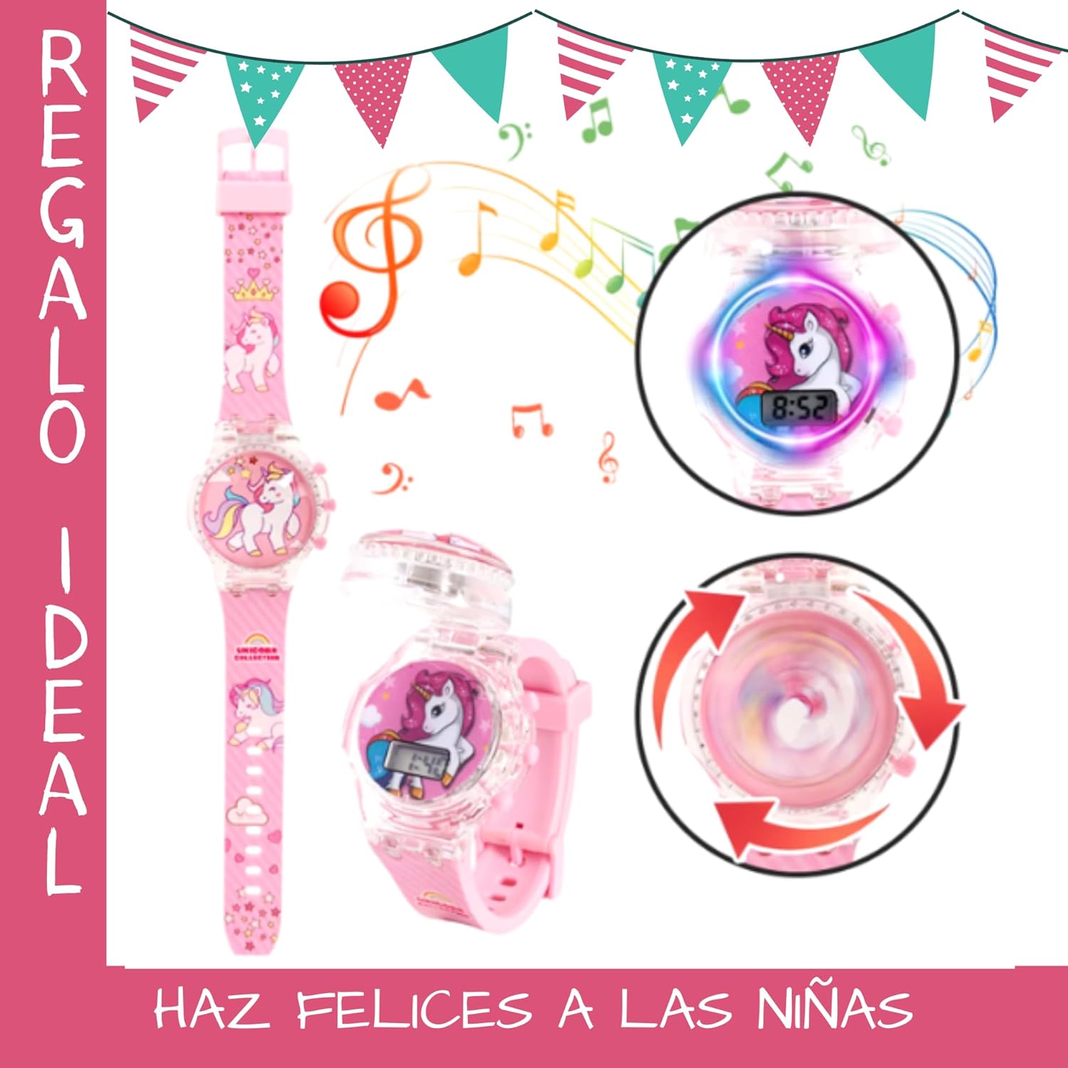 Pink Unicorn Watch for Girls 5 6 7 8 Years. Children's Digital Watches with Light and Music. Christmas, Communion and Birthday Gift, Cute 3D Unicorn.
