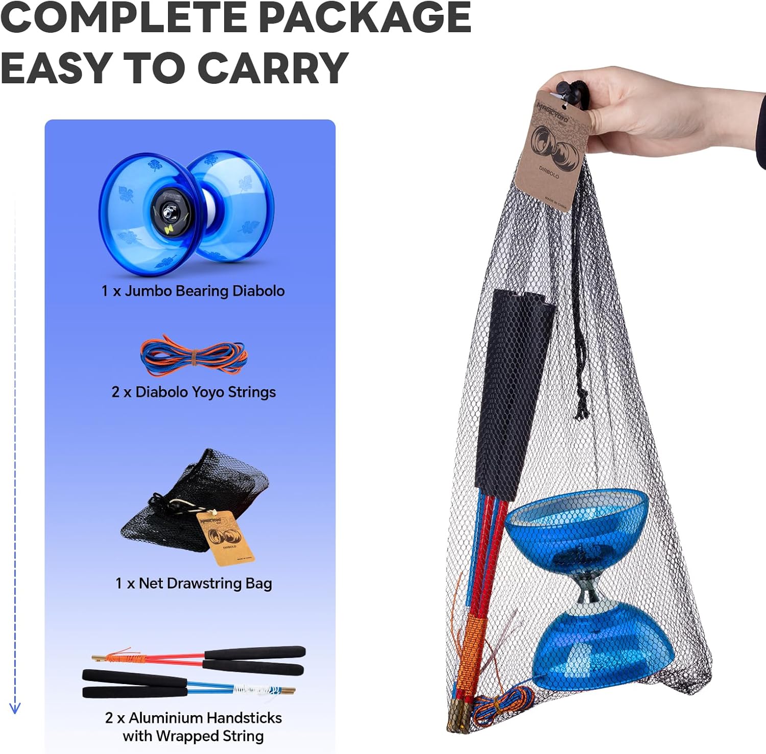 MAGICYOYO Pro Triple Bearing Diabolo Small Size 4” Chinese Yoyo Toy with 2 Pairs Carbon Sticks+ 2 Extra Strings +1 Net Bag, High Performance Chinese Yoyo Diabolo Skill Toy (Blue)