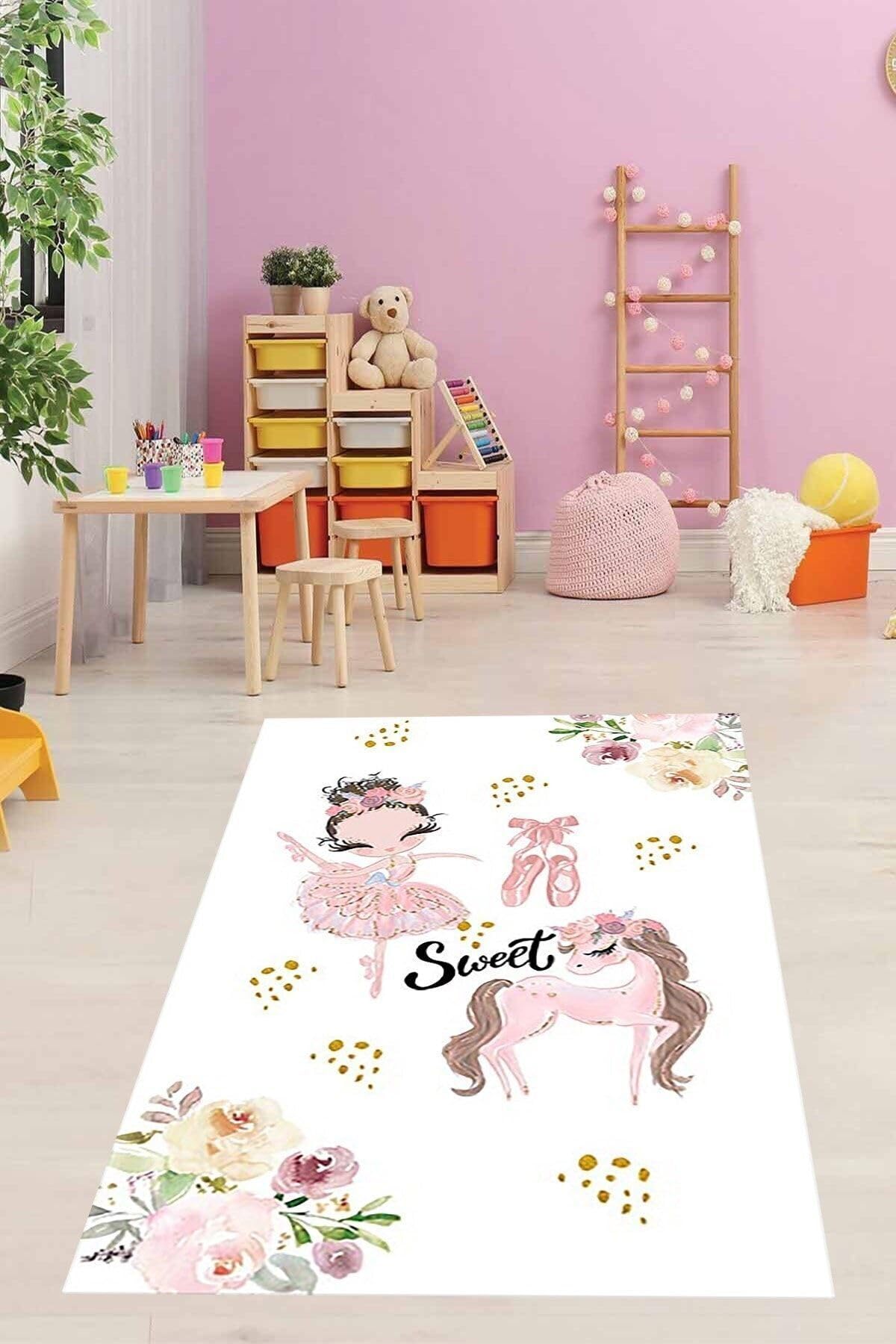Pelangi Balerin Prenses Unicorn Desenli Dijital Baskı Yıkanabilir Kaymaz Taban Genç Kız Çocuk Odası Halısı, Pembe-Beyaz 160 x 300