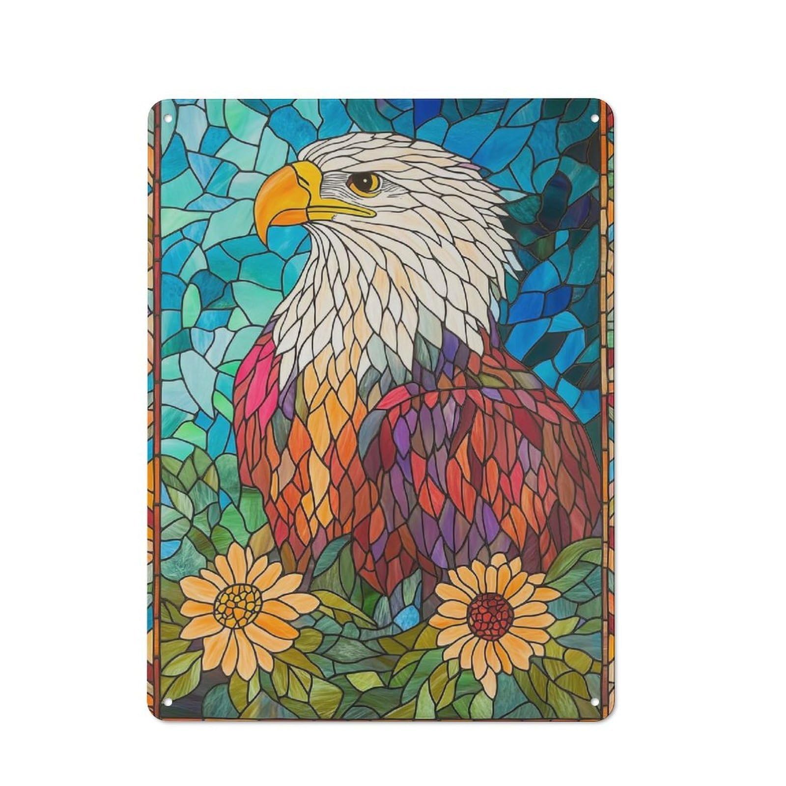 Junmoney Stained Glass Eagle Tin Wall Plaque 40X30cm With For Guest Room Or Hallway, For Metal Sign Collectors, For Garage And Workshop Walls