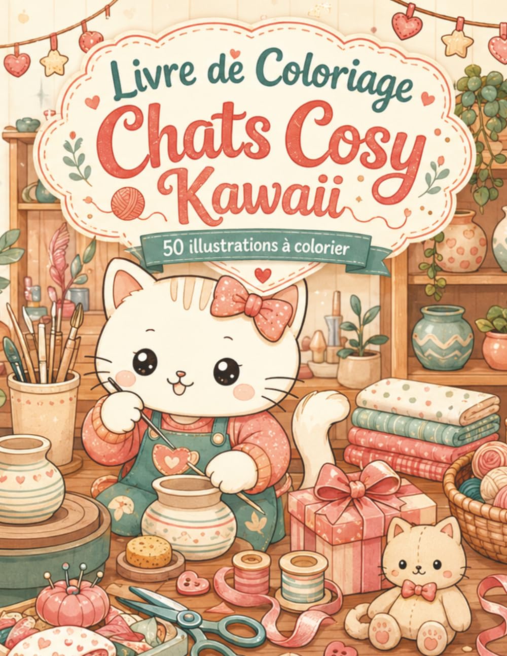 Livre de Coloriage Chats Cosy Kawaii: 50 scènes réconfortantes pour adultes et ados — lecture, maison chaleureuse, coussins et moments anti-stress