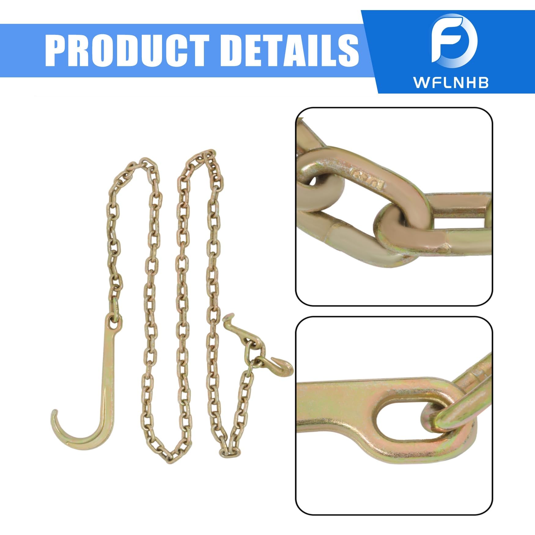 2PCS G70 5/16''x10' Transport Tow Chain J Hook Long Shank W/ R T J & Grab Hook E - Foto 5