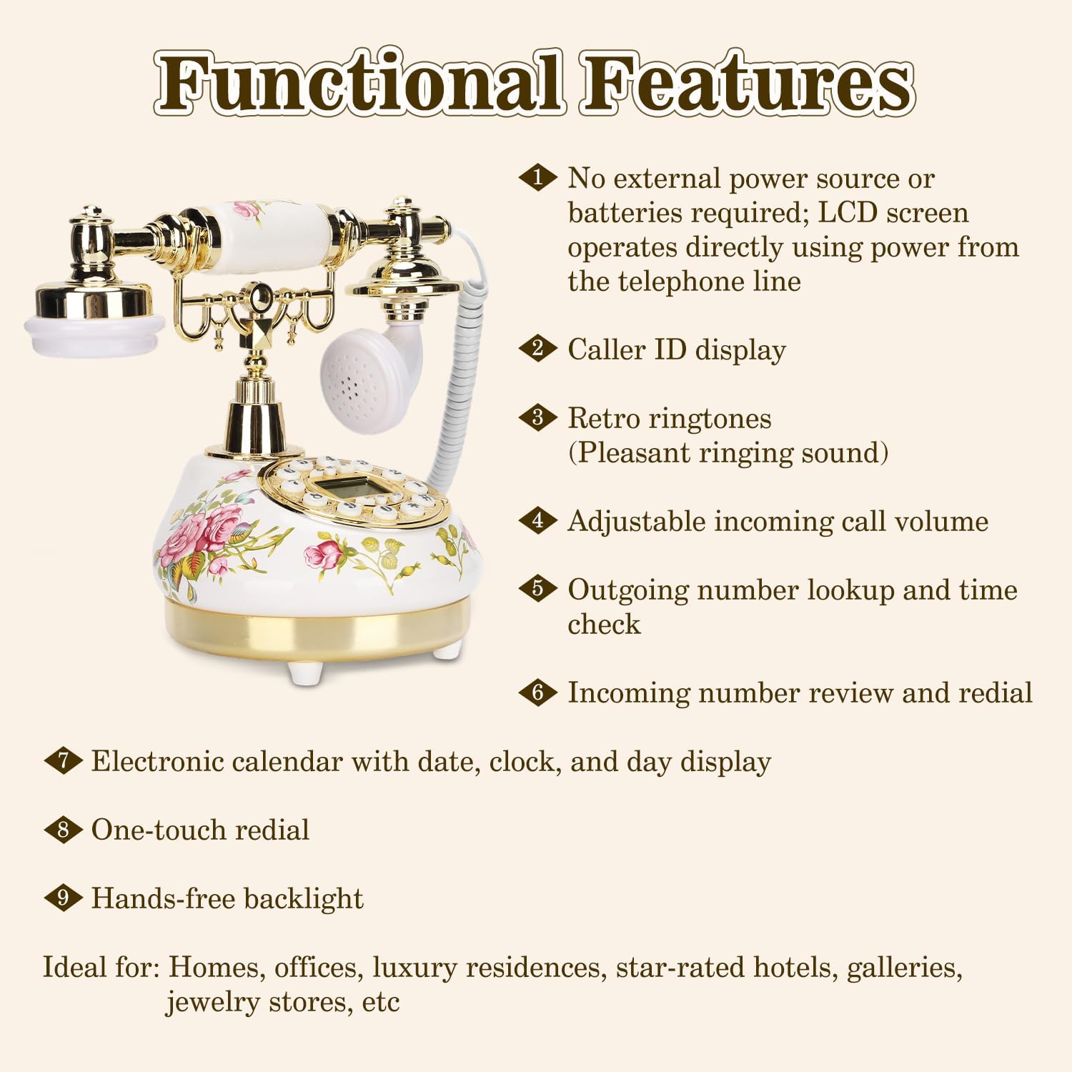 Vintage Rotary Dial Telephone with LCD Screen - Retro Ceramic Corded Landline Phone for Home Office Cafe Hotel Decor, Gift Idea, Antique Style Design(Pink Flower)