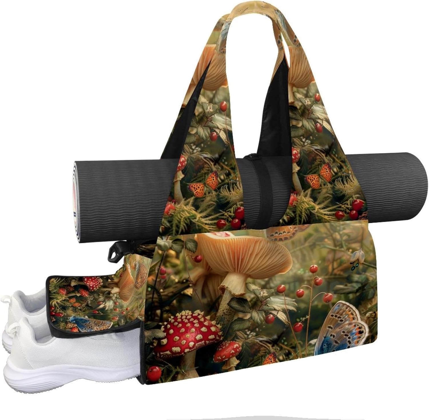 Gym Bag for Women, Butterfly Cherry Blossom Yoga Mat Bag with Shoe Compartment, Sport Yoga Gym Bag with Yoga Strap, Carryall Yoga Tote Bag