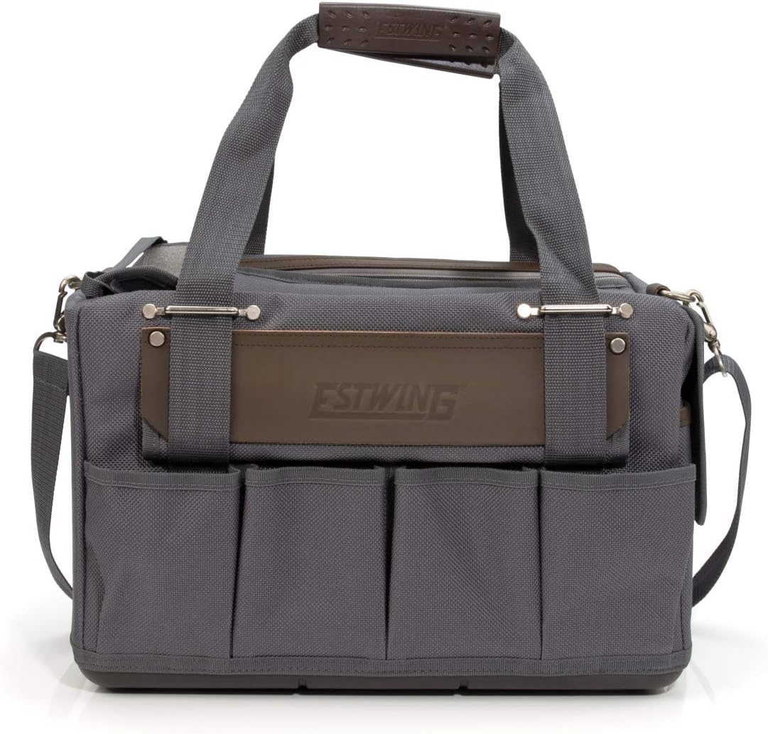 Estwing 16-Inch Carpenter's Tool Bag, Durable Polyester, Four Zipper-Secured Pockets, 5 Exterior Pockets, 8 Interior Elastic Pockets, Hammer Holder, Hard Base, Shoulder Strap