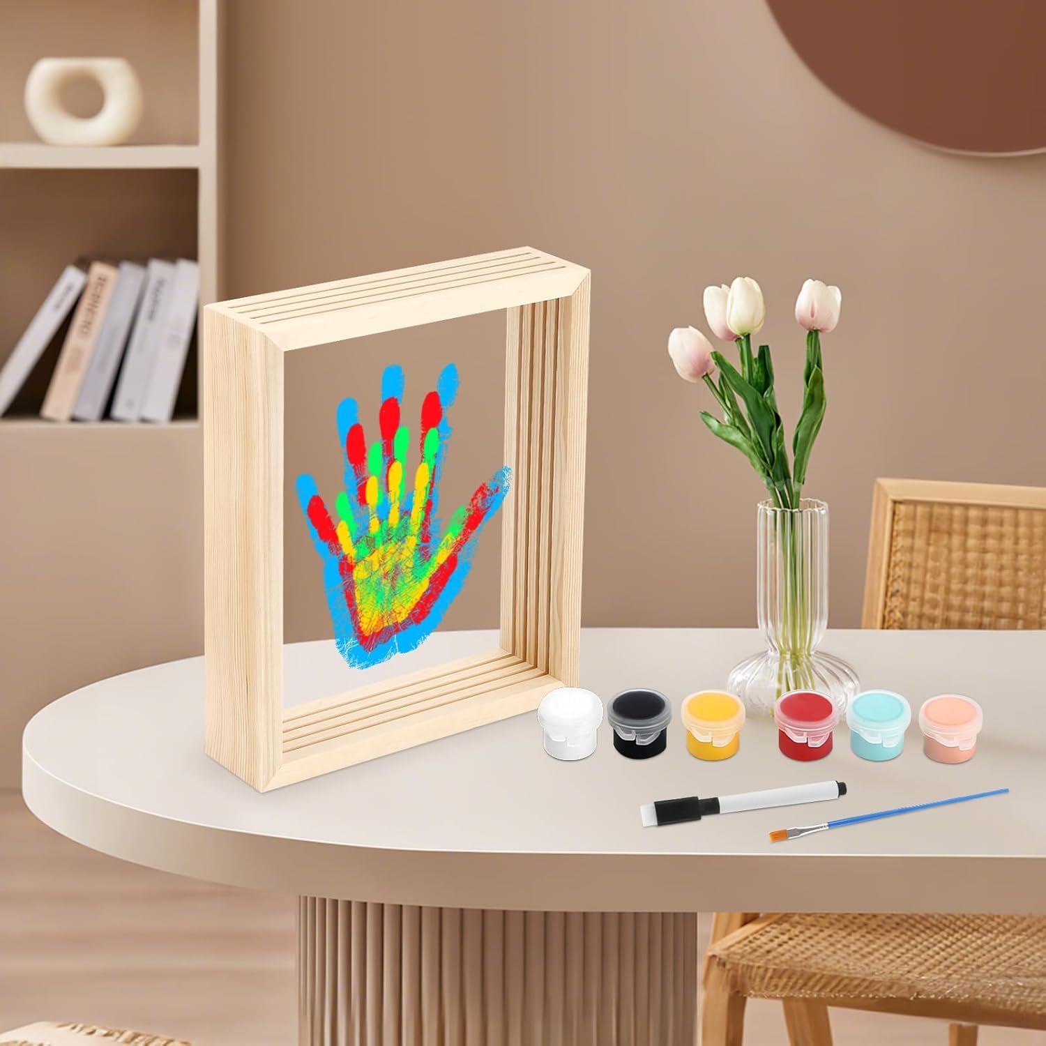 Kit d'Empreintes de Mains Familiales avec Cadre en Bois, 4 Empreintes, 6 Couleurs de Pigments, pour Bébé