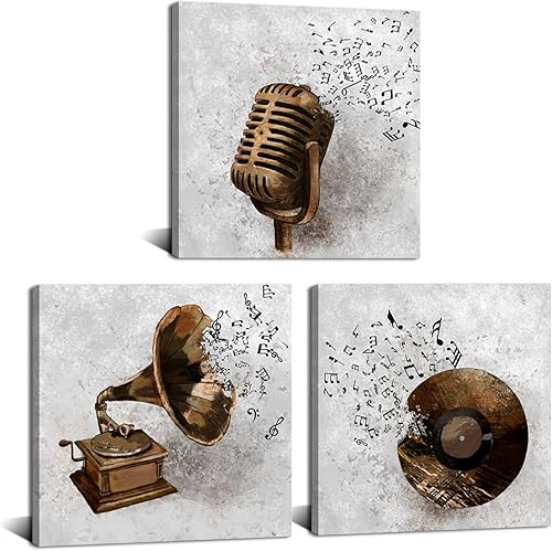 Derkymo 3 piezas de lienzo de música vintage, arte de pared, grabación, fonógrafo, micrófono, pintura, impresiones de notas musicales voladoras,