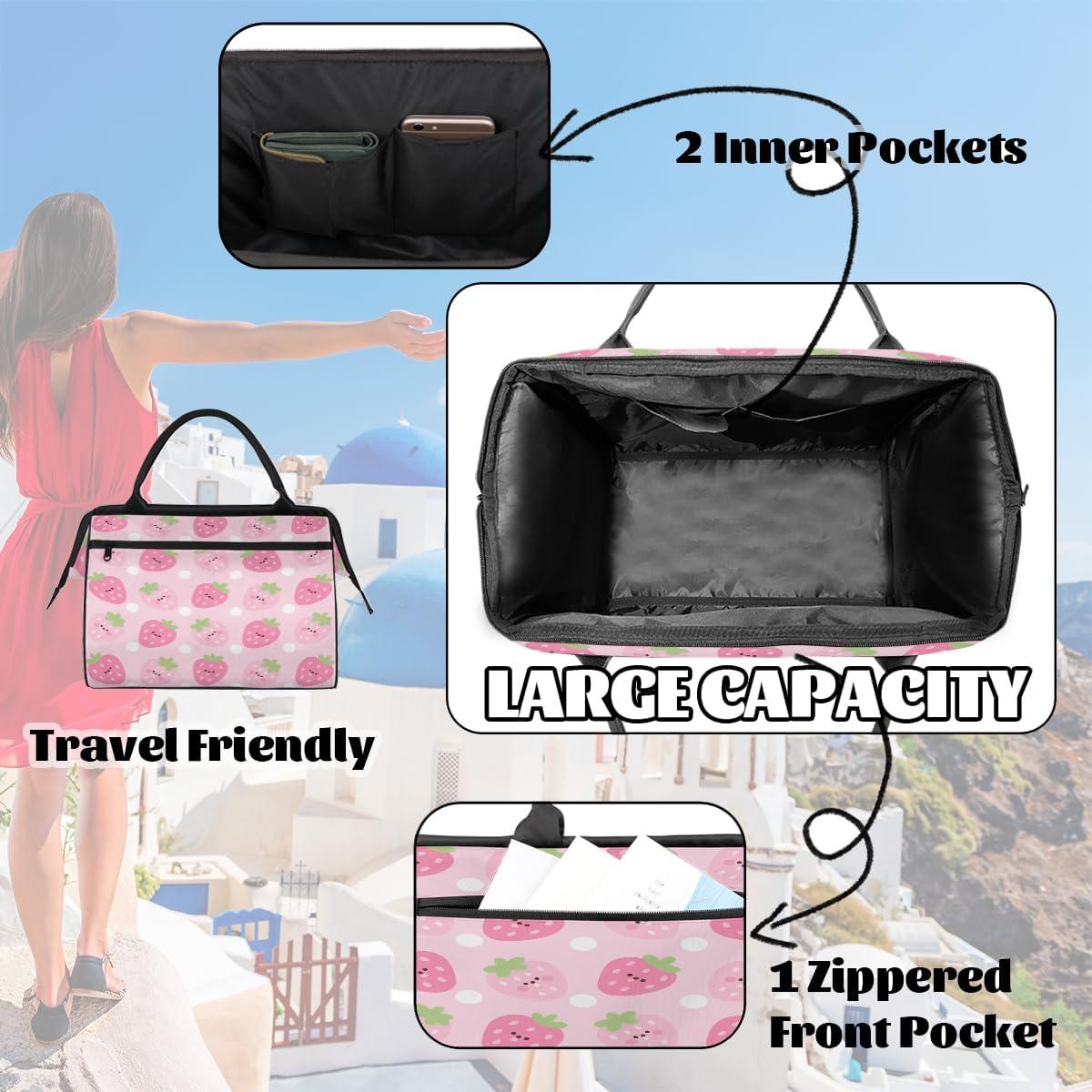 Travel Gym Bag - Strawberry Pattern Large Capacity Tote for Men Women - Shoulder Weekender Bag for Travel Yoga School - Mommy Hospital for Labor Delivery