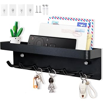 Echehi Lightweight Key Holder with 6 Hooks Easy to Install Key Holder No Drilling Metal Key Rack Letter Stand Suitable for Entrance Areas and Behind Doors Black