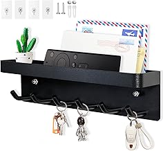 6 Hooks Key Holder, Self-Adhesive or Drilled Wall Key Rack, Key Hooks Wall Mounted for Entrance Areas, Offices, Bathrooms, Living Rooms. Black